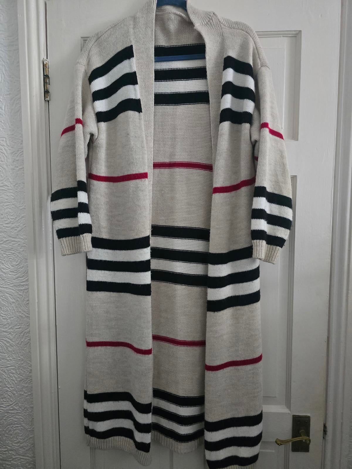 Designer Style Geometric Longline Knit Cardigan Open Front, One Size