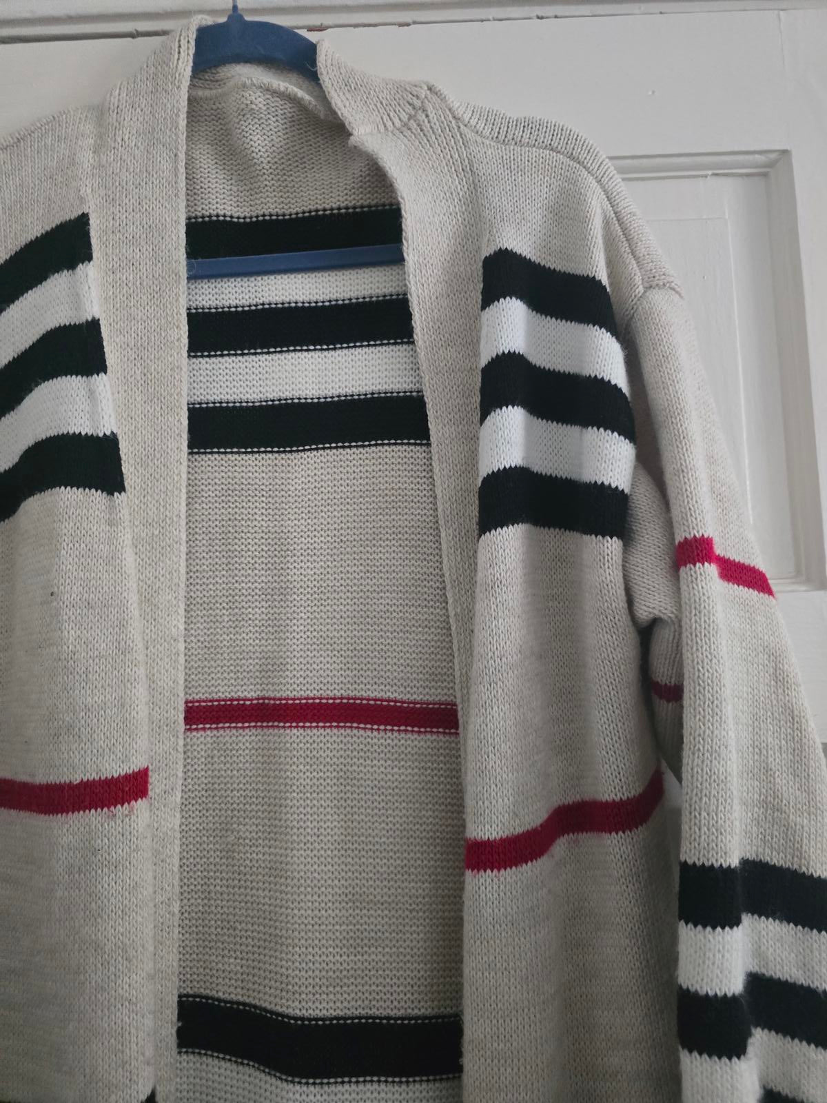 Designer Style Geometric Longline Knit Cardigan Open Front, One Size