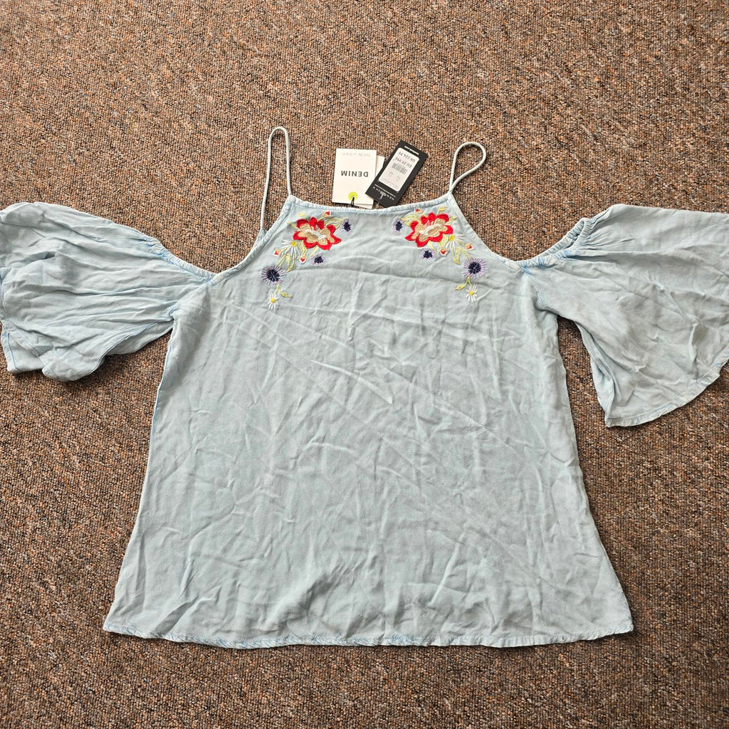 BNWT New Look Denim look Cold Shoulder Embroidered Top, size 14, rrp £24.99
