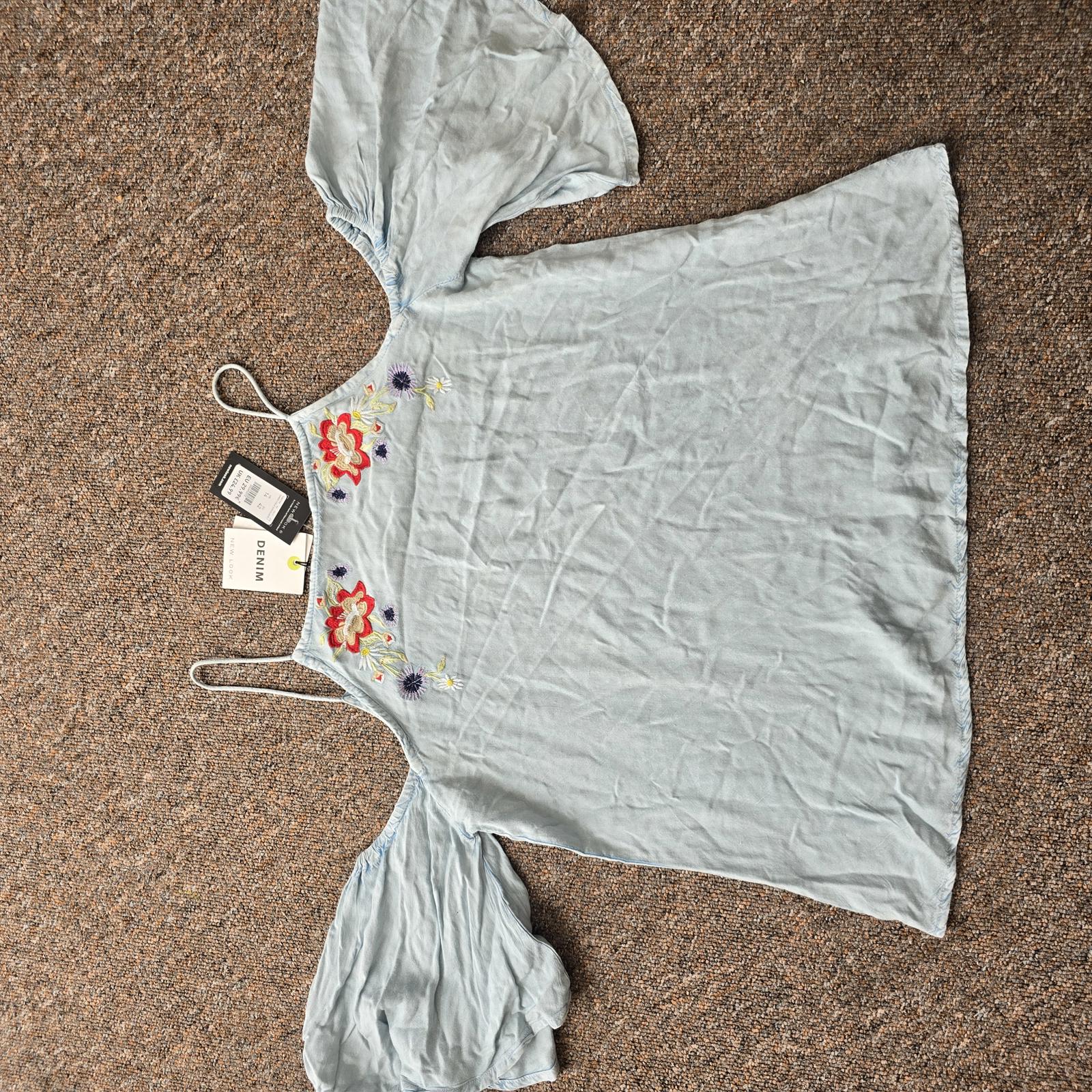 BNWT New Look Denim look Cold Shoulder Embroidered Top, size 14, rrp £24.99