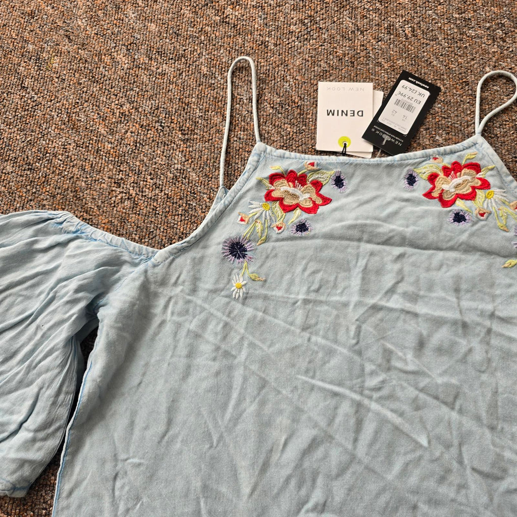 BNWT New Look Denim look Cold Shoulder Embroidered Top, size 14, rrp £24.99