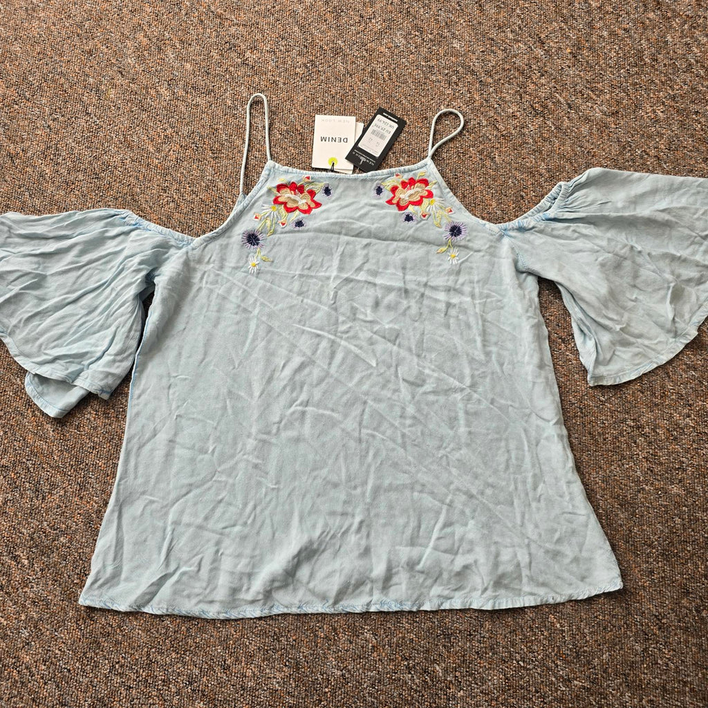 BNWT New Look Denim look Cold Shoulder Embroidered Top, size 14, rrp £24.99
