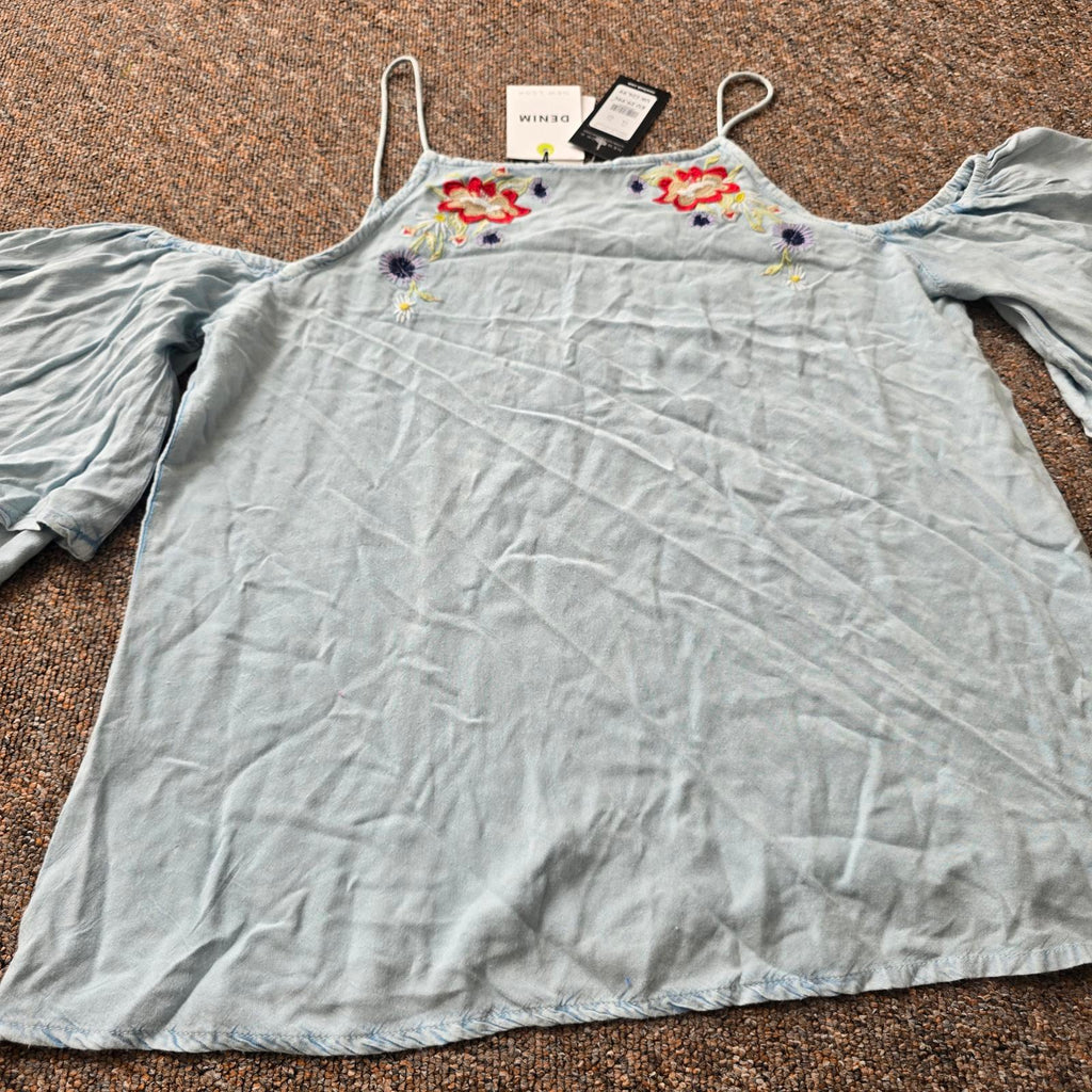 BNWT New Look Denim look Cold Shoulder Embroidered Top, size 14, rrp £24.99