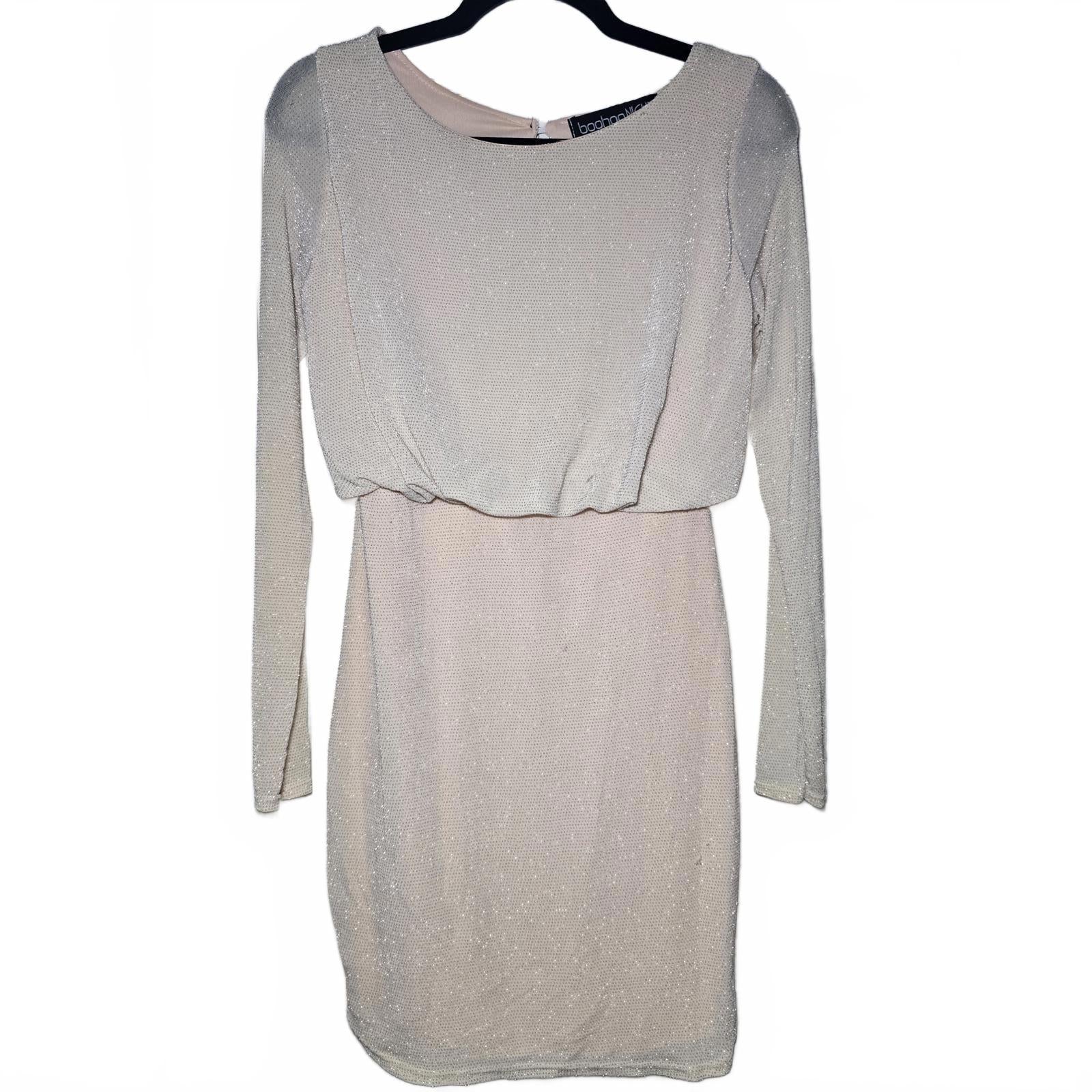 Boohoo NIGHT pink glitter lurex long sleeve jersey mini dress, size 10