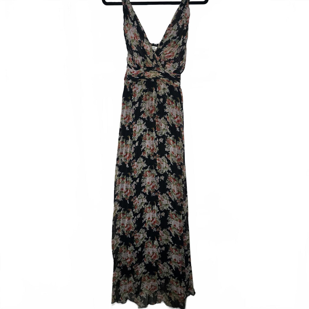 Black floral pleated sleeveless maxi dress, Chiffon fabric, Little Mistress, size S