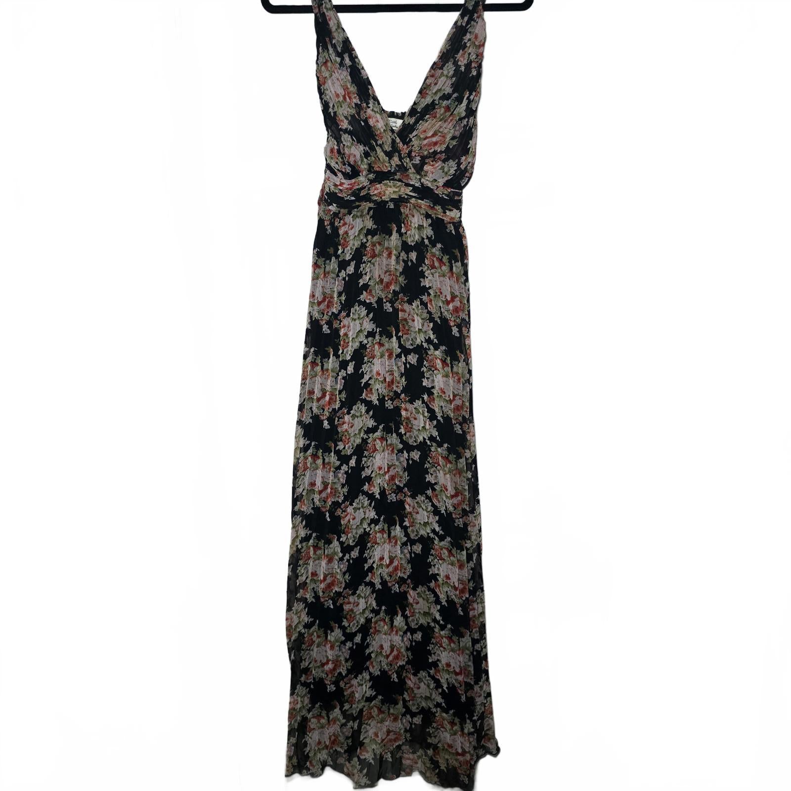 Black floral pleated sleeveless maxi dress, Chiffon fabric, Little Mistress, size S