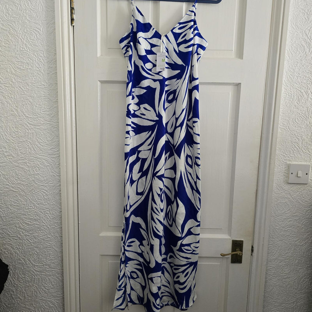 Blue and White Patterned Maxi Slip Satin feel Dress with Spaghetti Straps, BNWT