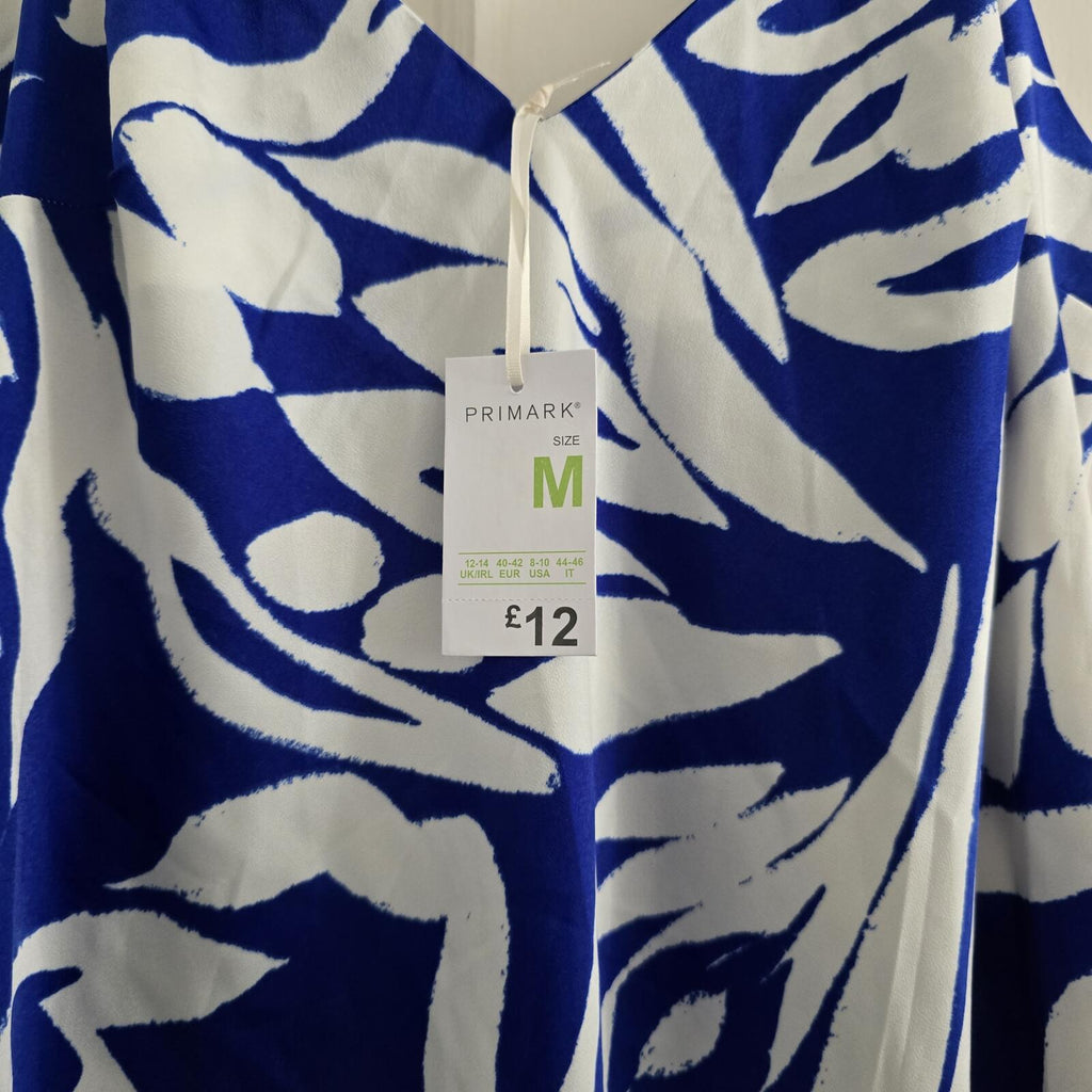 Blue and White Patterned Maxi Slip Satin feel Dress with Spaghetti Straps, BNWT