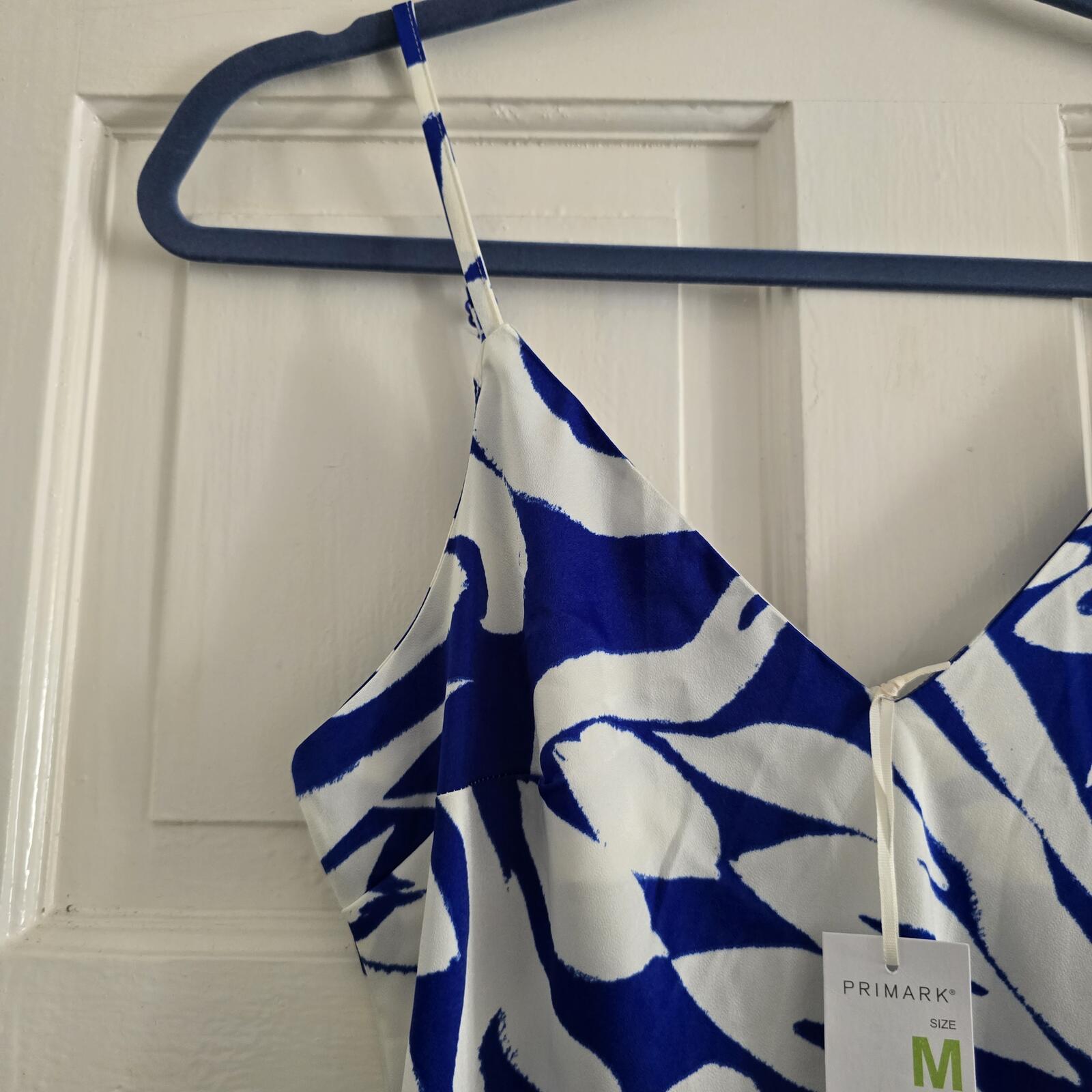 Blue and White Patterned Maxi Slip Satin feel Dress with Spaghetti Straps, BNWT