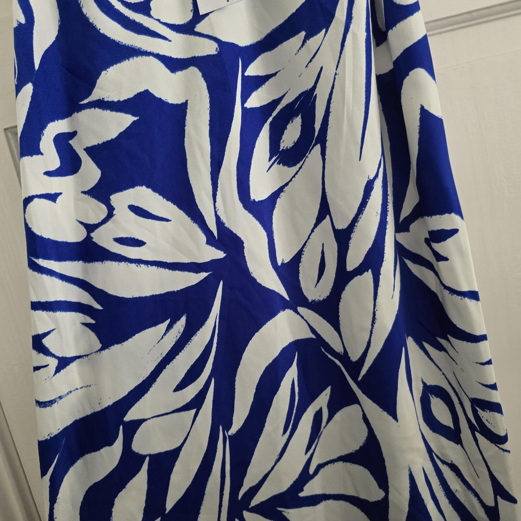 Blue and White Patterned Maxi Slip Satin feel Dress with Spaghetti Straps, BNWT