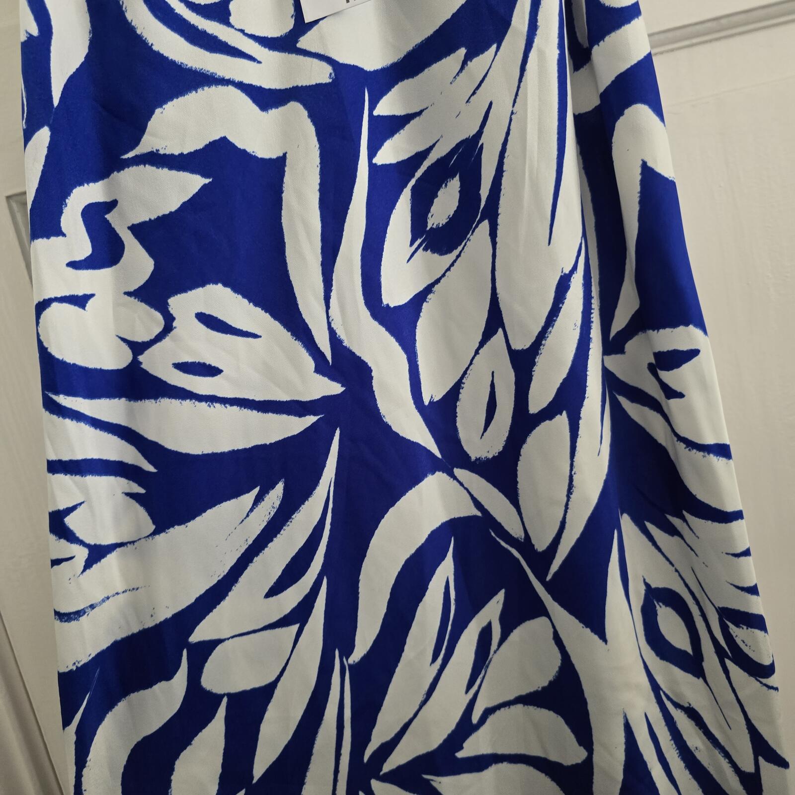Blue and White Patterned Maxi Slip Satin feel Dress with Spaghetti Straps, BNWT