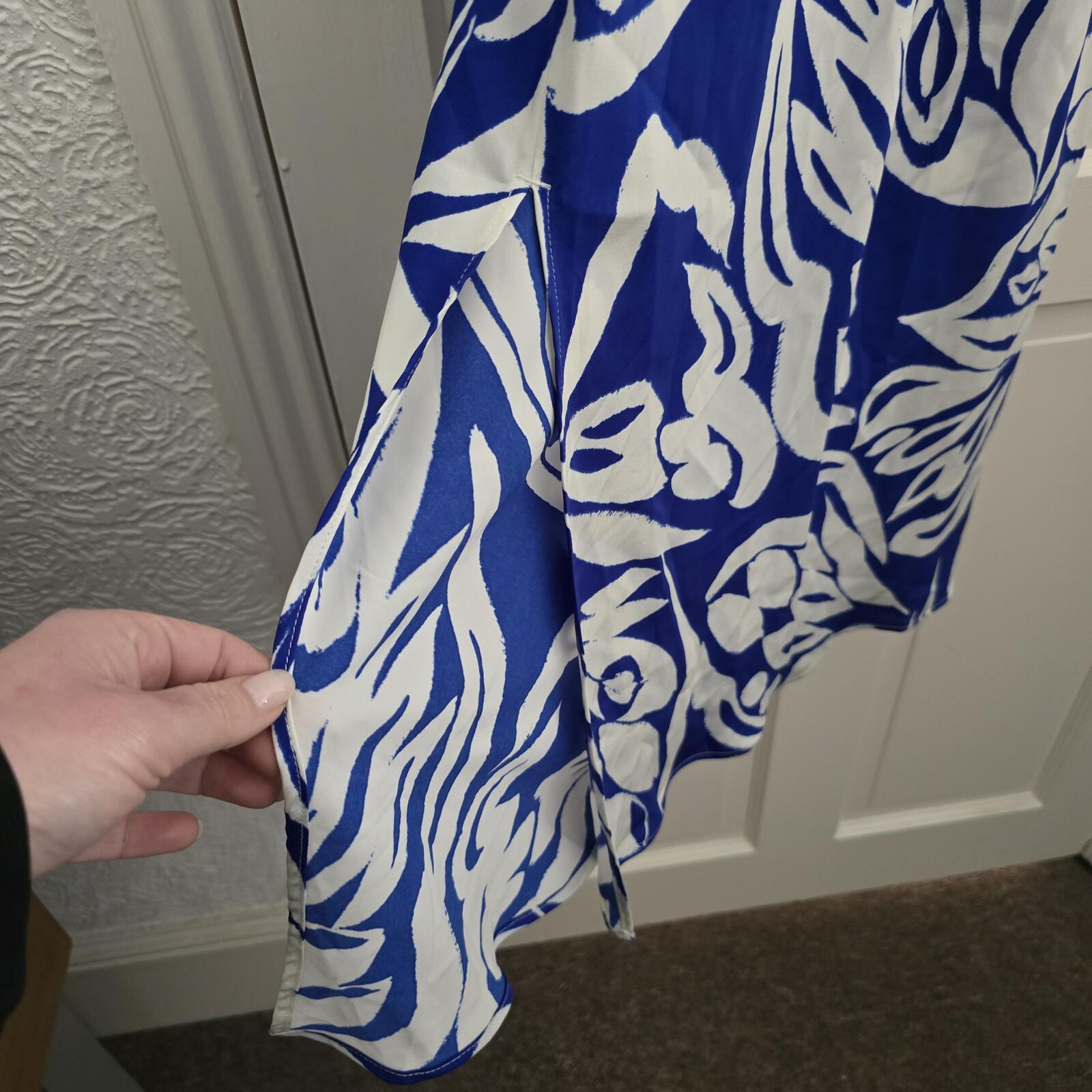 Blue and White Patterned Maxi Slip Satin feel Dress with Spaghetti Straps, BNWT
