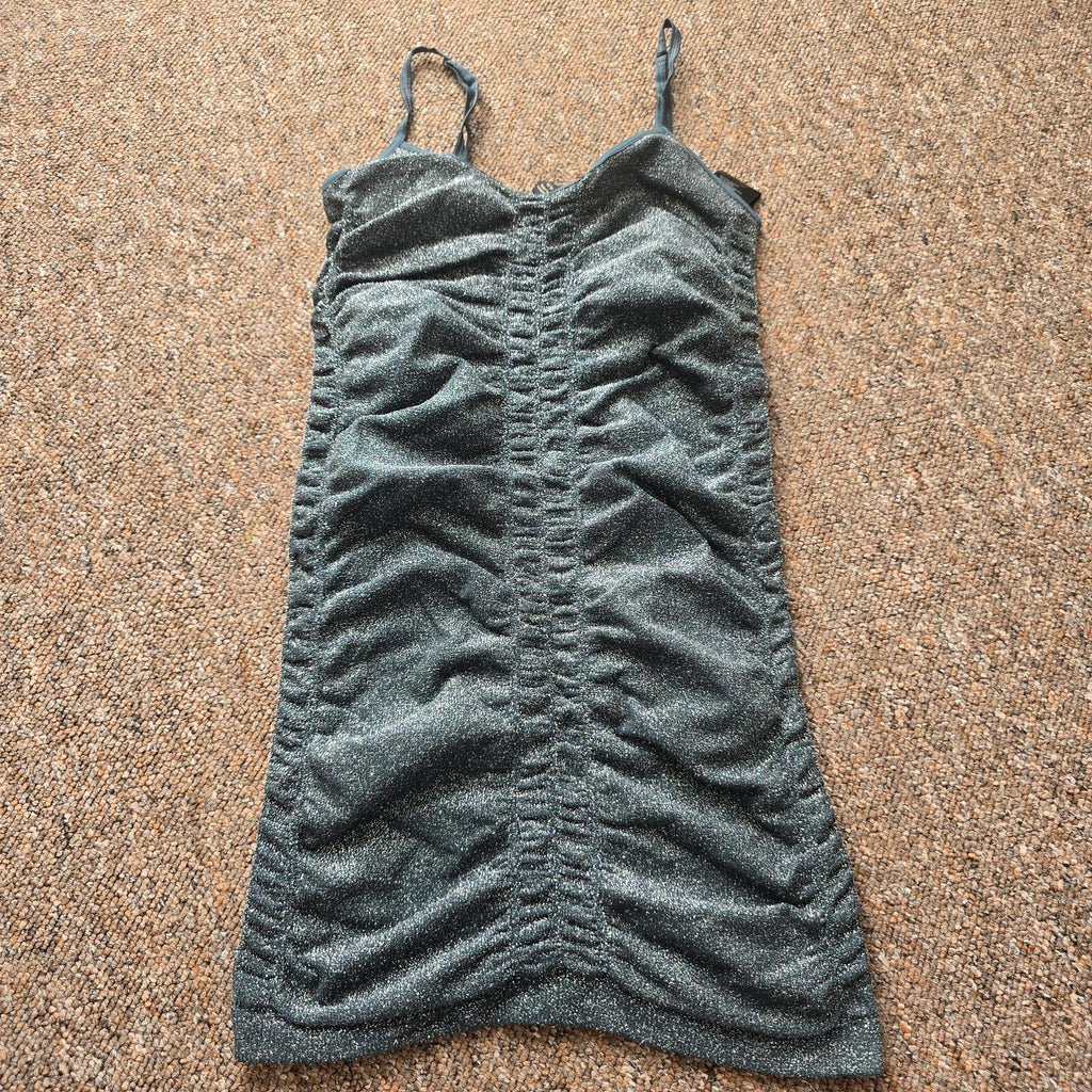 Urban Outfitters Teal Glitter Ruched bodycon Mini Dress – Size XS – Y2K Party