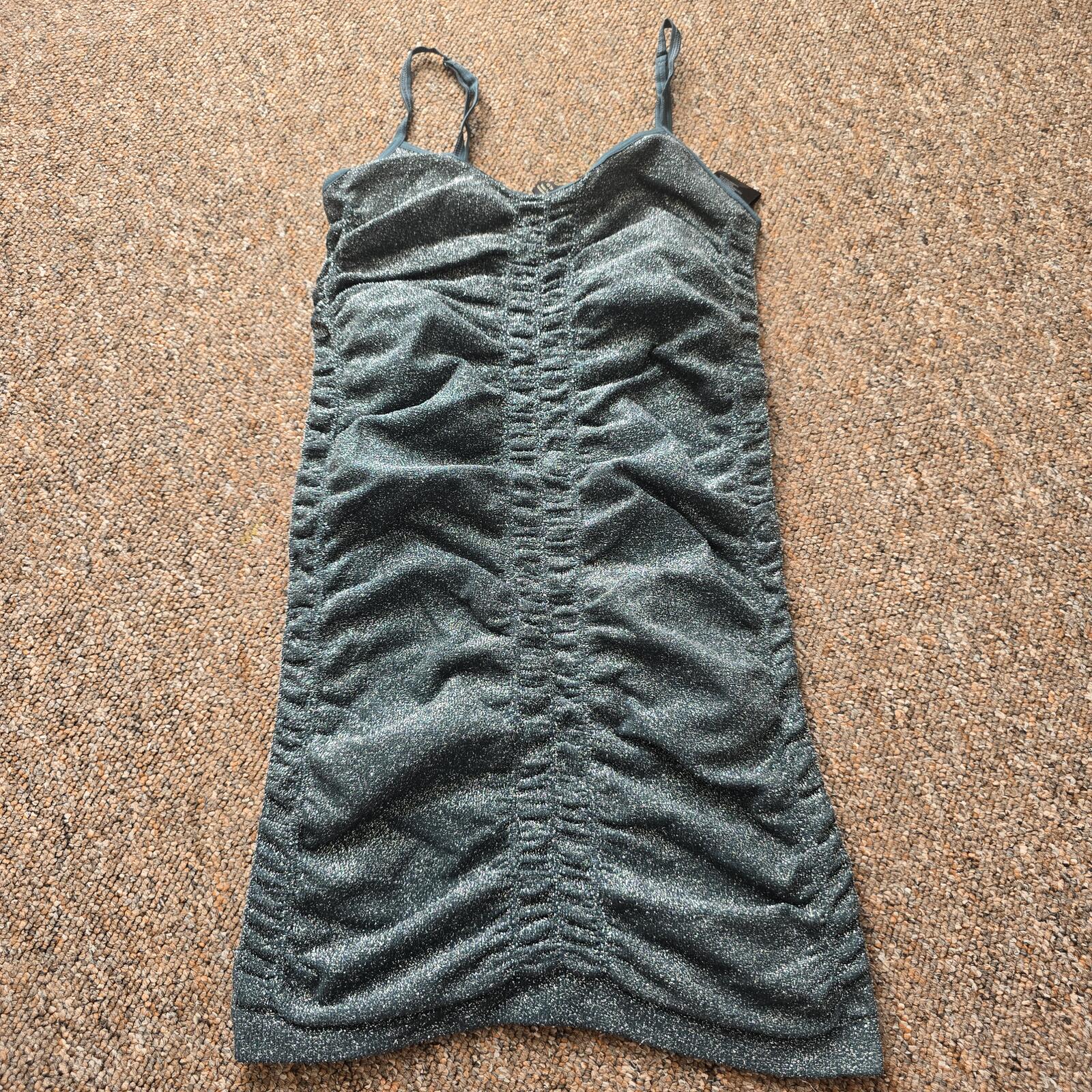 Urban Outfitters Teal Glitter Ruched bodycon Mini Dress – Size XS – Y2K Party