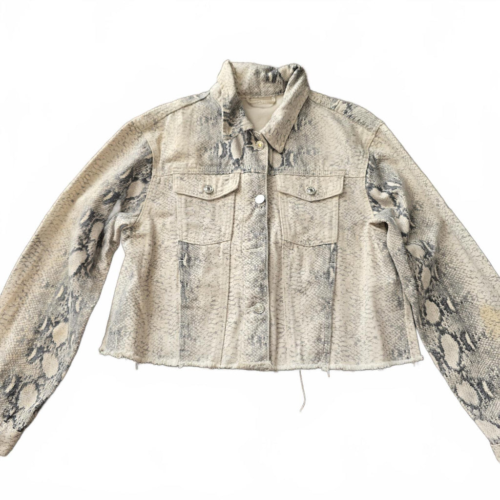 Grey Snakeskin Print Cropped Denim Jacket Raw Hem S, oversized, boxy, blogger