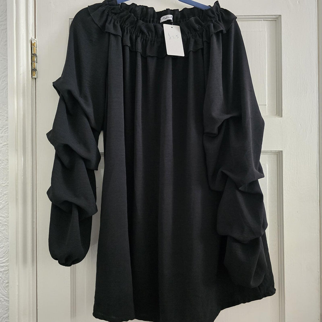 Italy Moda Black Ruffled Sleeve, Off-Shoulder Bardot Top, BNWT, Size L