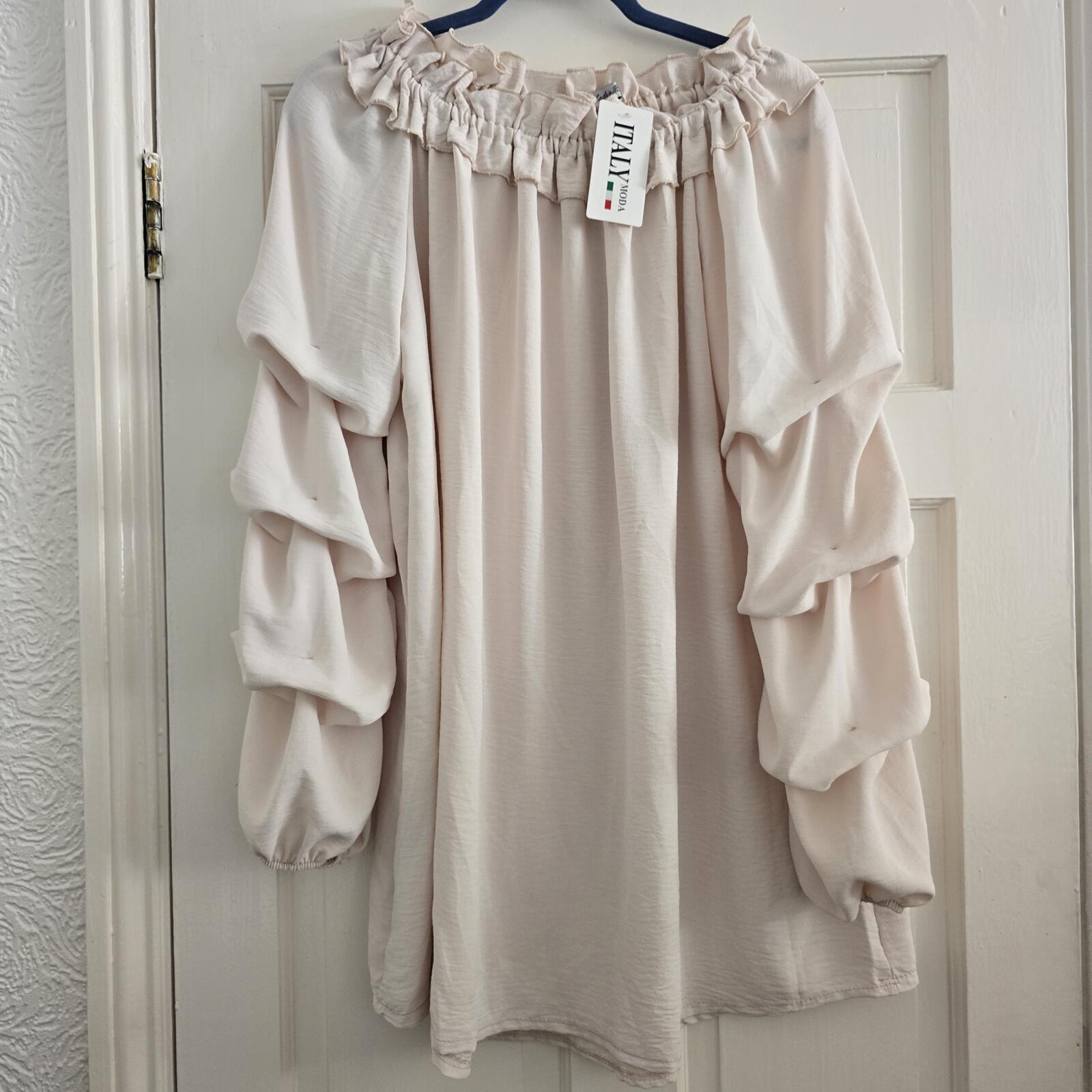Italy Moda BNWT Cream Blouse, off the shoulder bardot, ruffle balloon sleeve