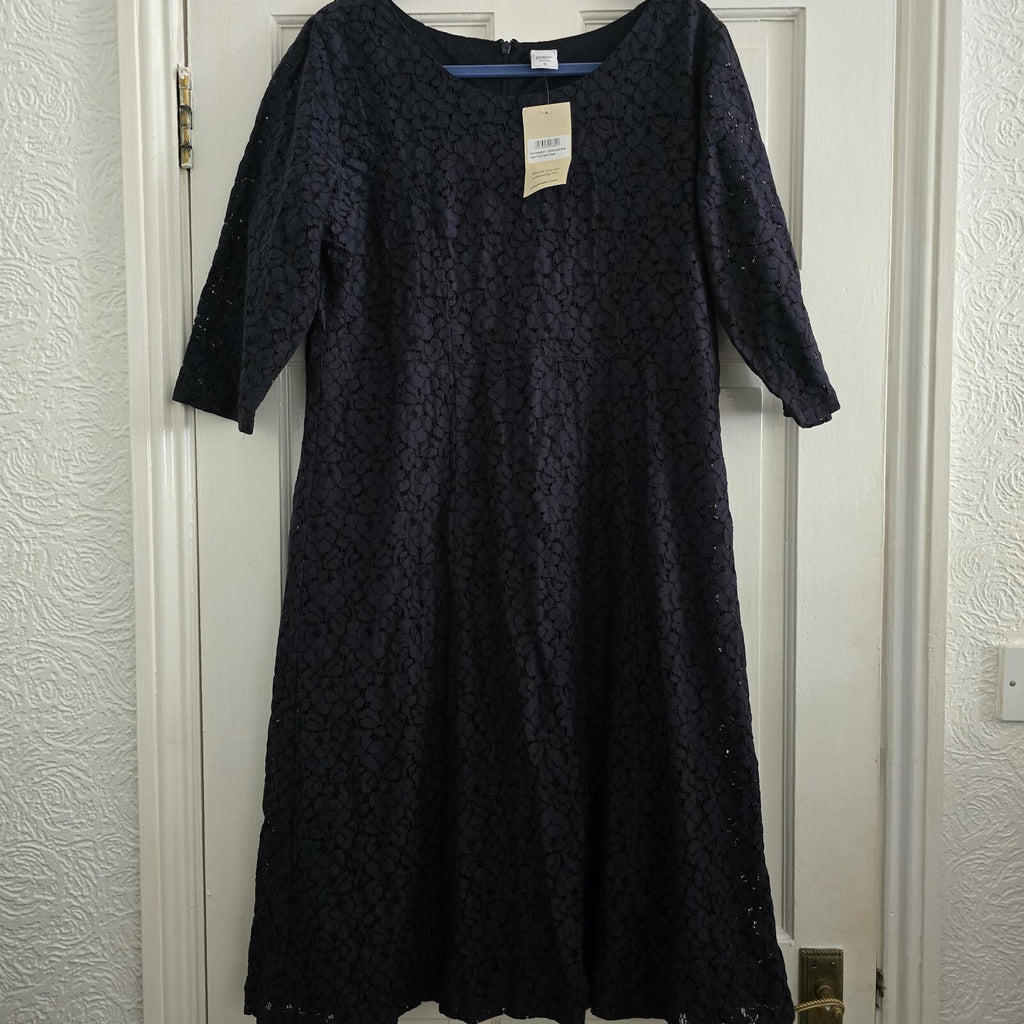 Cotton Traders Lace Fit & Flare Dress in Midnight Blue, Size 16, 3/4 sleeve BNWT
