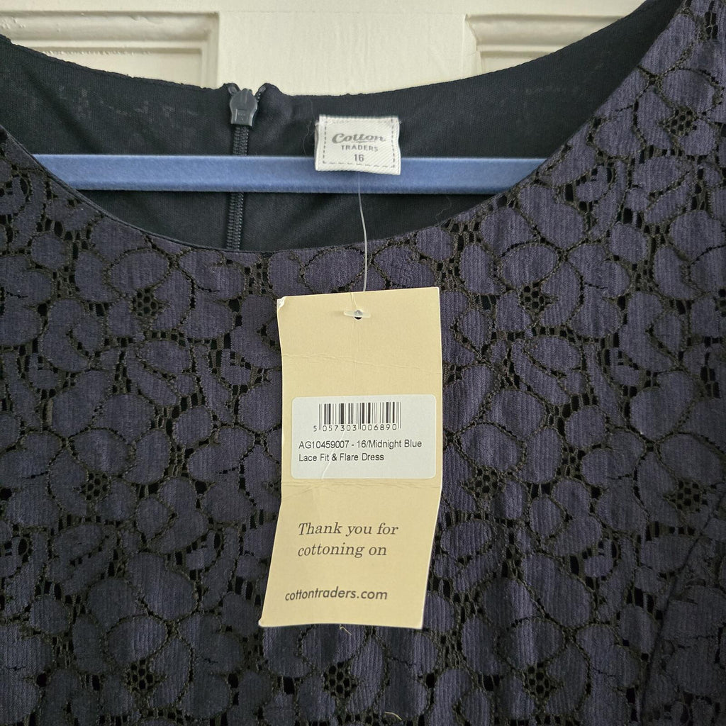 Cotton Traders Lace Fit & Flare Dress in Midnight Blue, Size 16, 3/4 sleeve BNWT