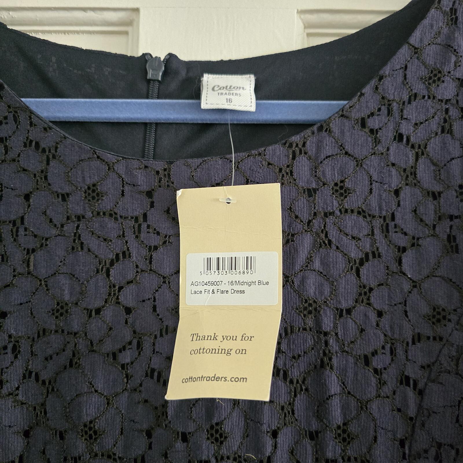 Cotton Traders Lace Fit & Flare Dress in Midnight Blue, Size 16, 3/4 sleeve BNWT