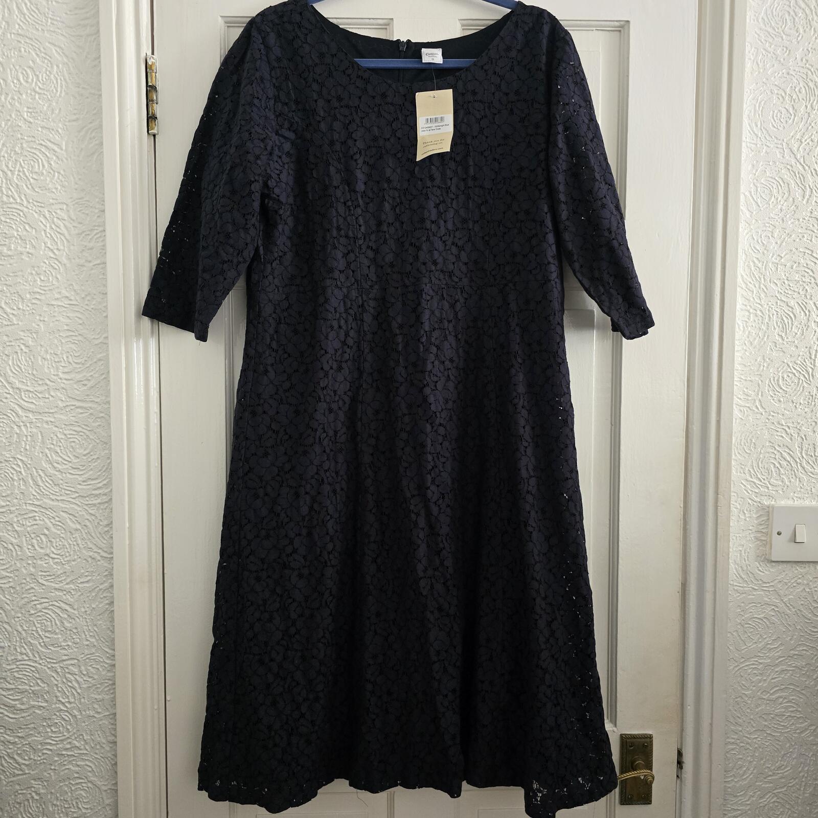 Cotton Traders Lace Fit & Flare Dress in Midnight Blue, Size 16, 3/4 sleeve BNWT
