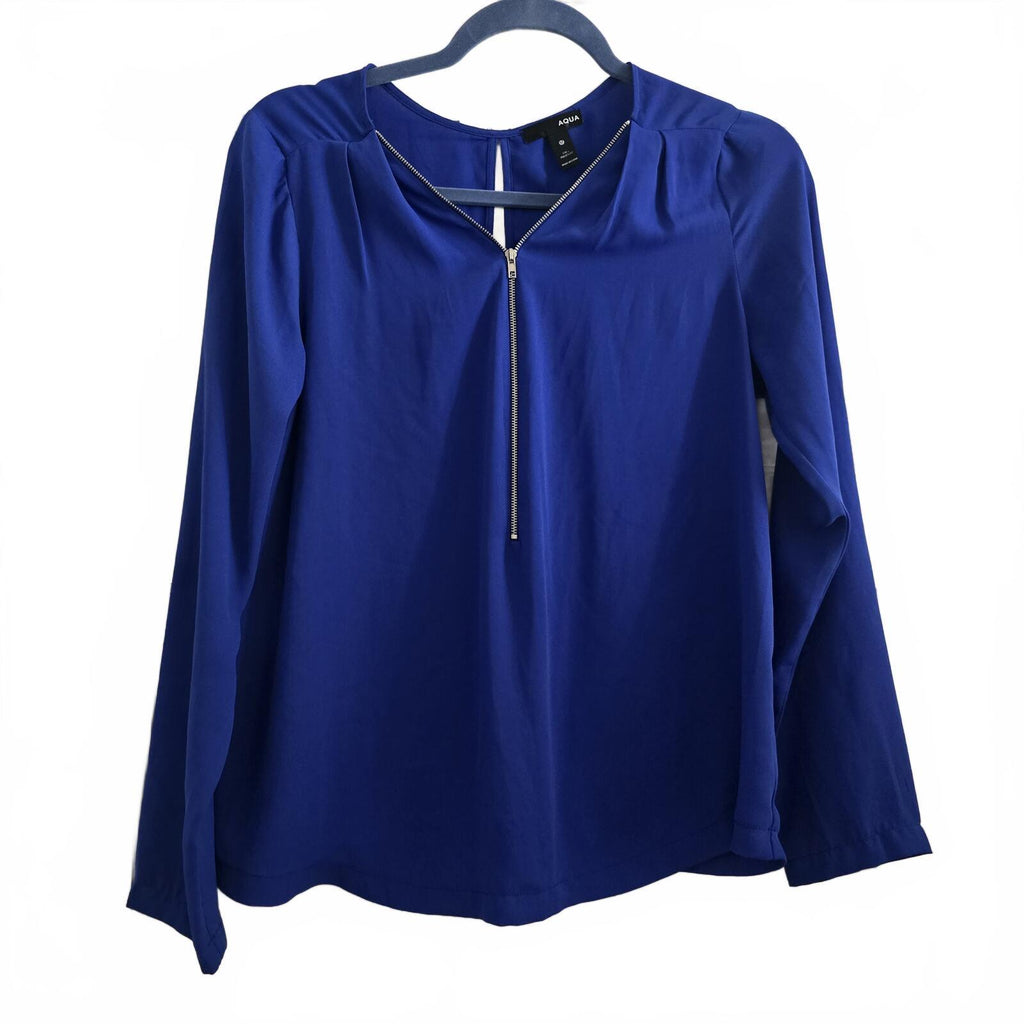 AQUA Royal Blue Chiffon Long sleeve Blouse, Quarter Zip Detail, Size M