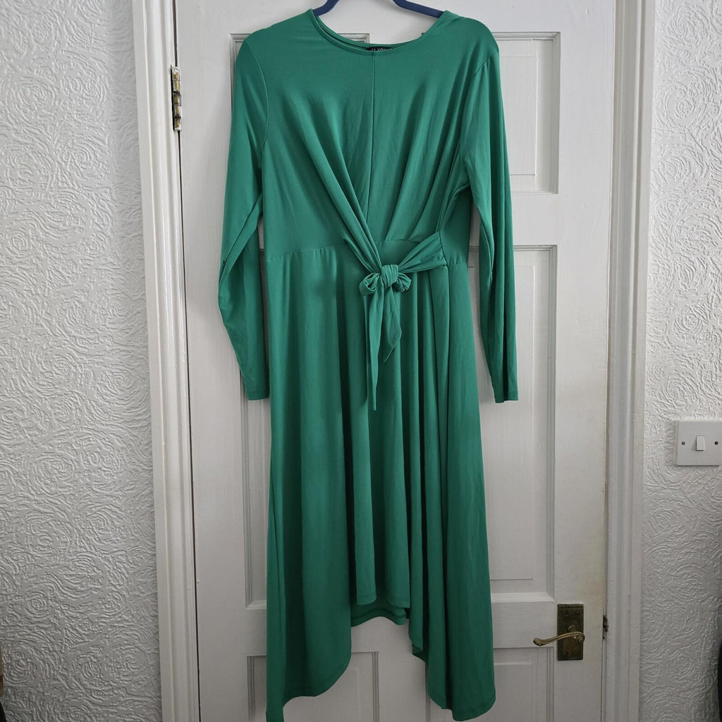 Et Vous Green Long Sleeve Midi Dip Hem Jersey Dress with Tie Waist Size 16