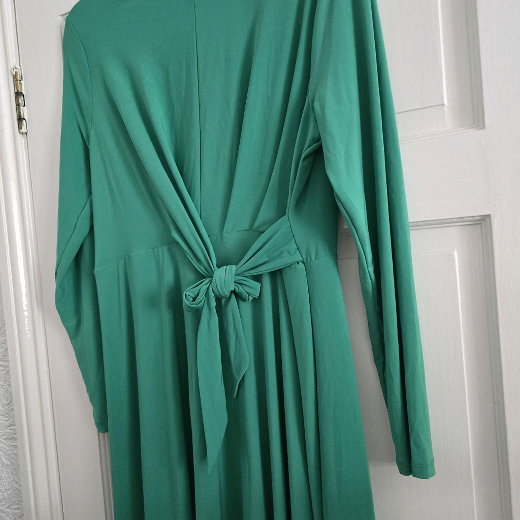 Et Vous Green Long Sleeve Midi Dip Hem Jersey Dress with Tie Waist Size 16