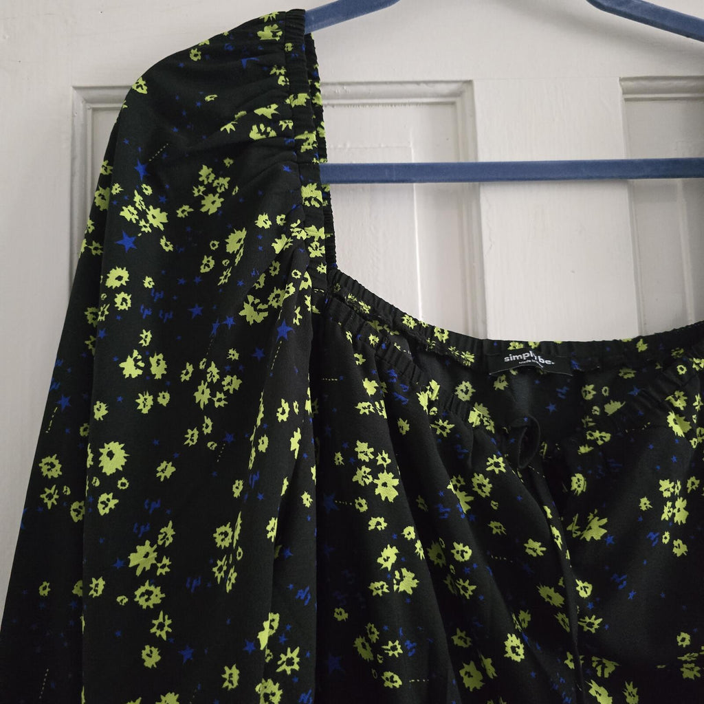 Floral Midi Black Dress with Puff Sleeves and square neck, UK 20, plus size
