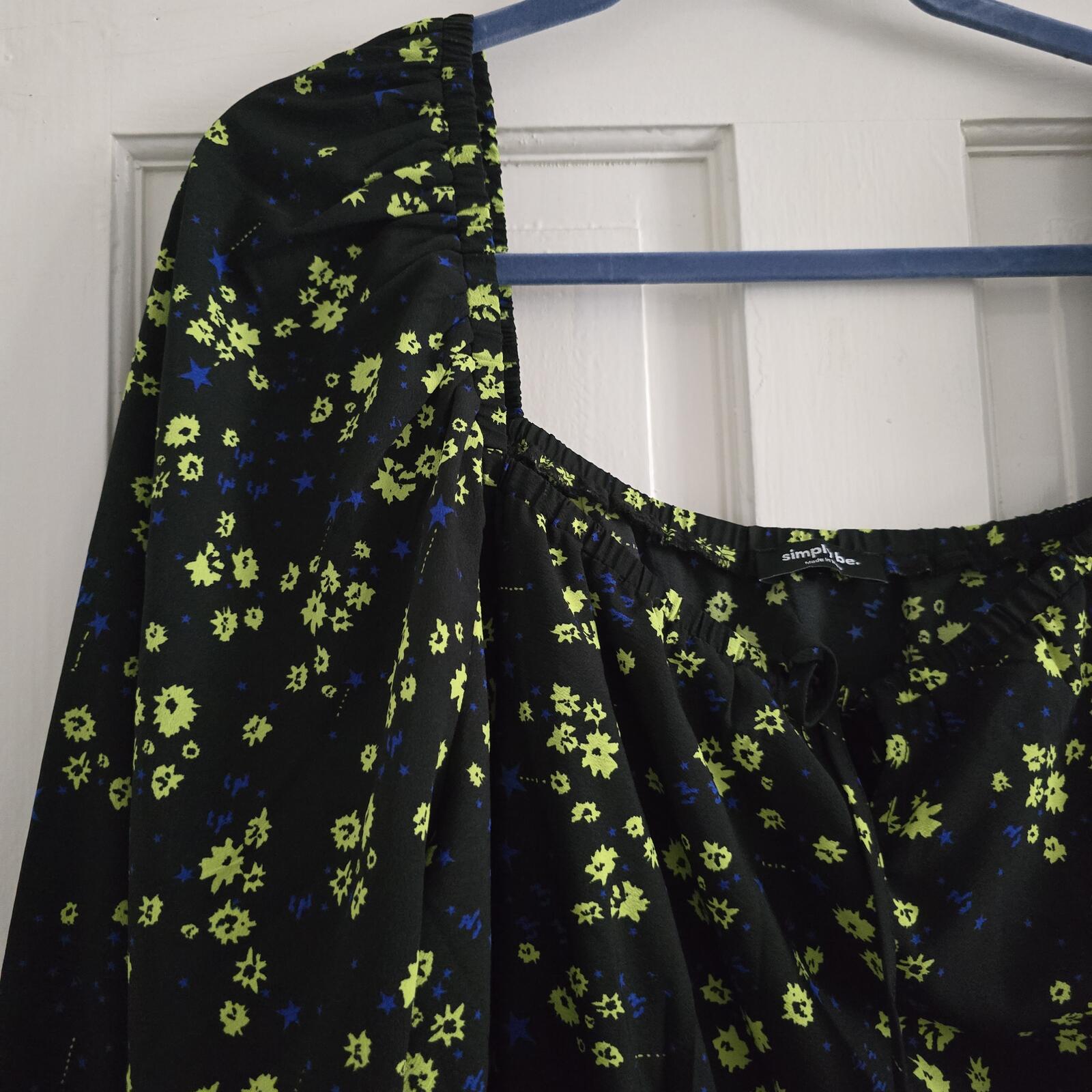 Floral Midi Black Dress with Puff Sleeves and square neck, UK 20, plus size