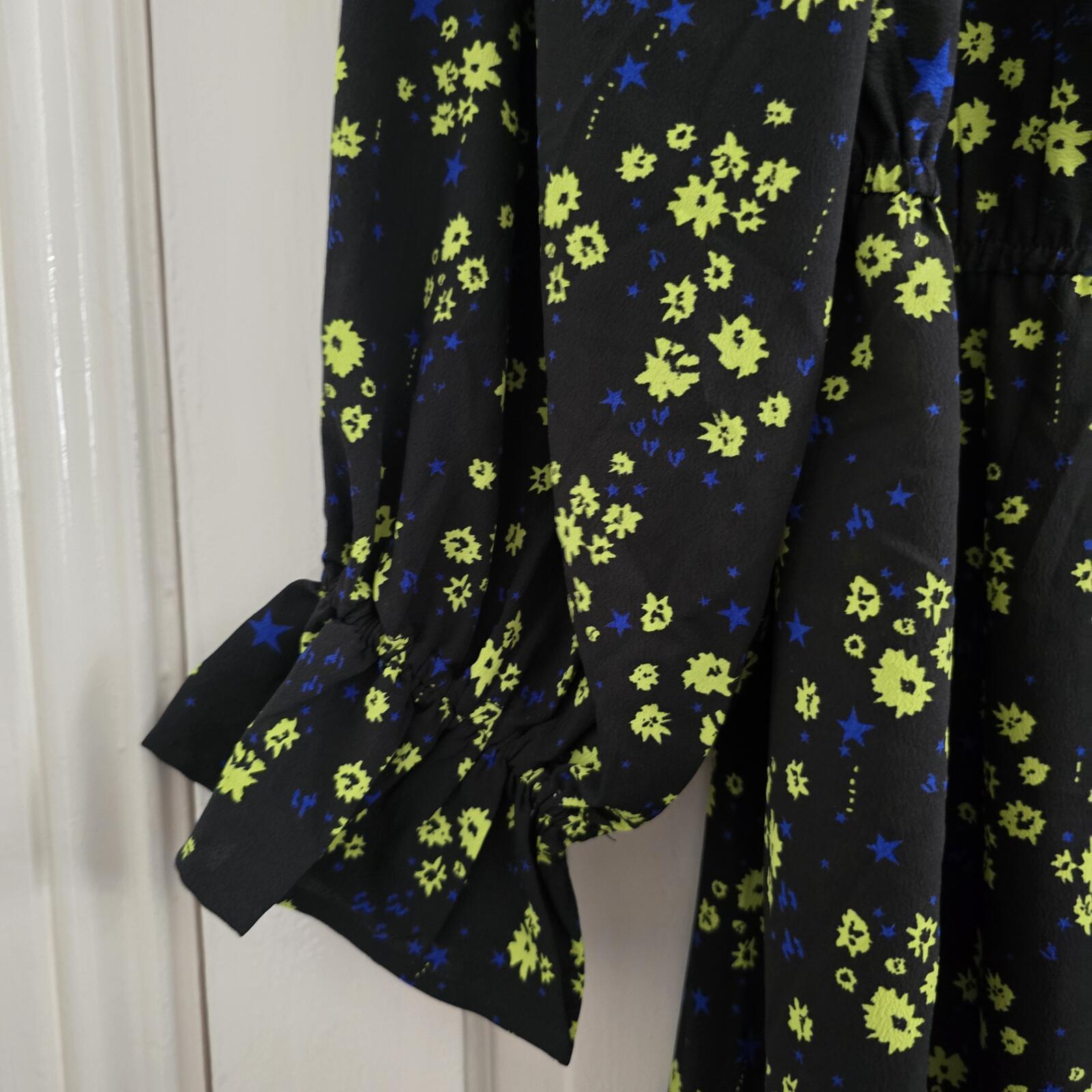 Floral Midi Black Dress with Puff Sleeves and square neck, UK 20, plus size