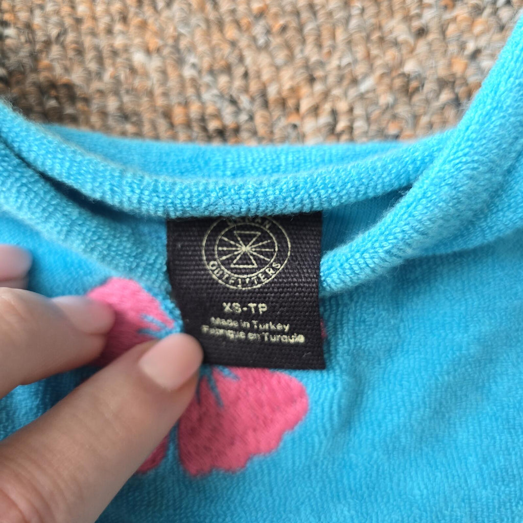 Blue Terry Cloth Crop Top with Pink Hibiscus Embroidery, Urban Outfitters, XS