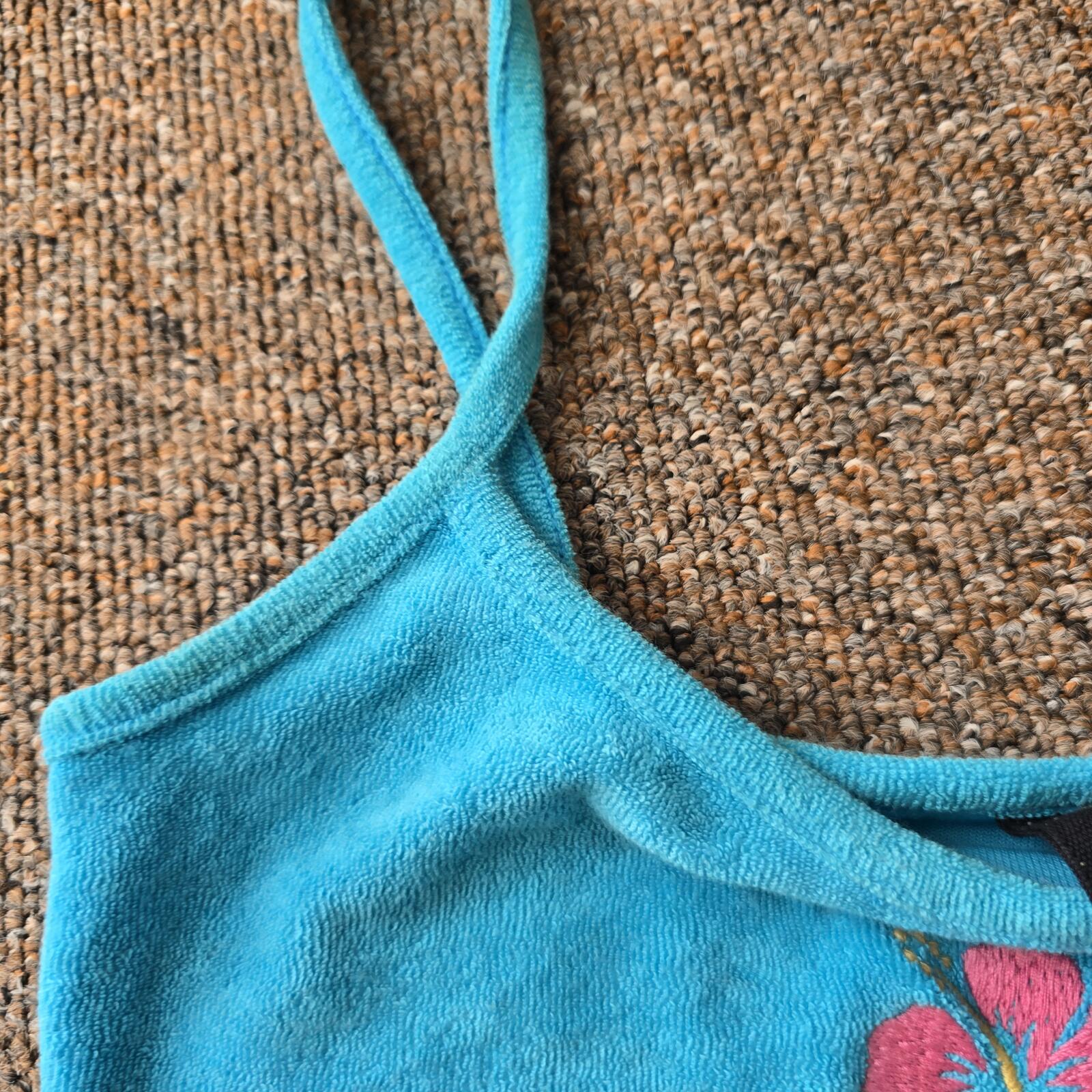 Blue Terry Cloth Crop Top with Pink Hibiscus Embroidery, Urban Outfitters, XS