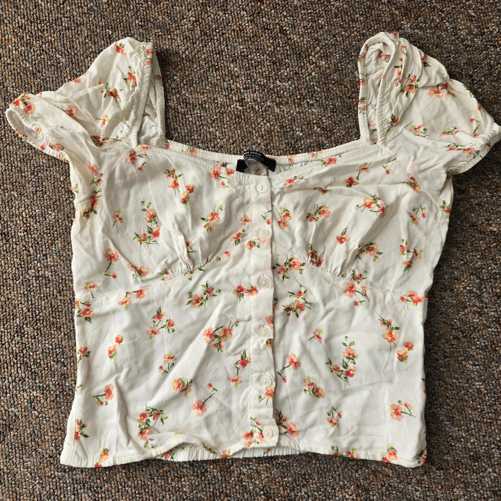 Bershka Floral Puff Sleeve Crop Top - Size S, preppy, cute, summer, holiday