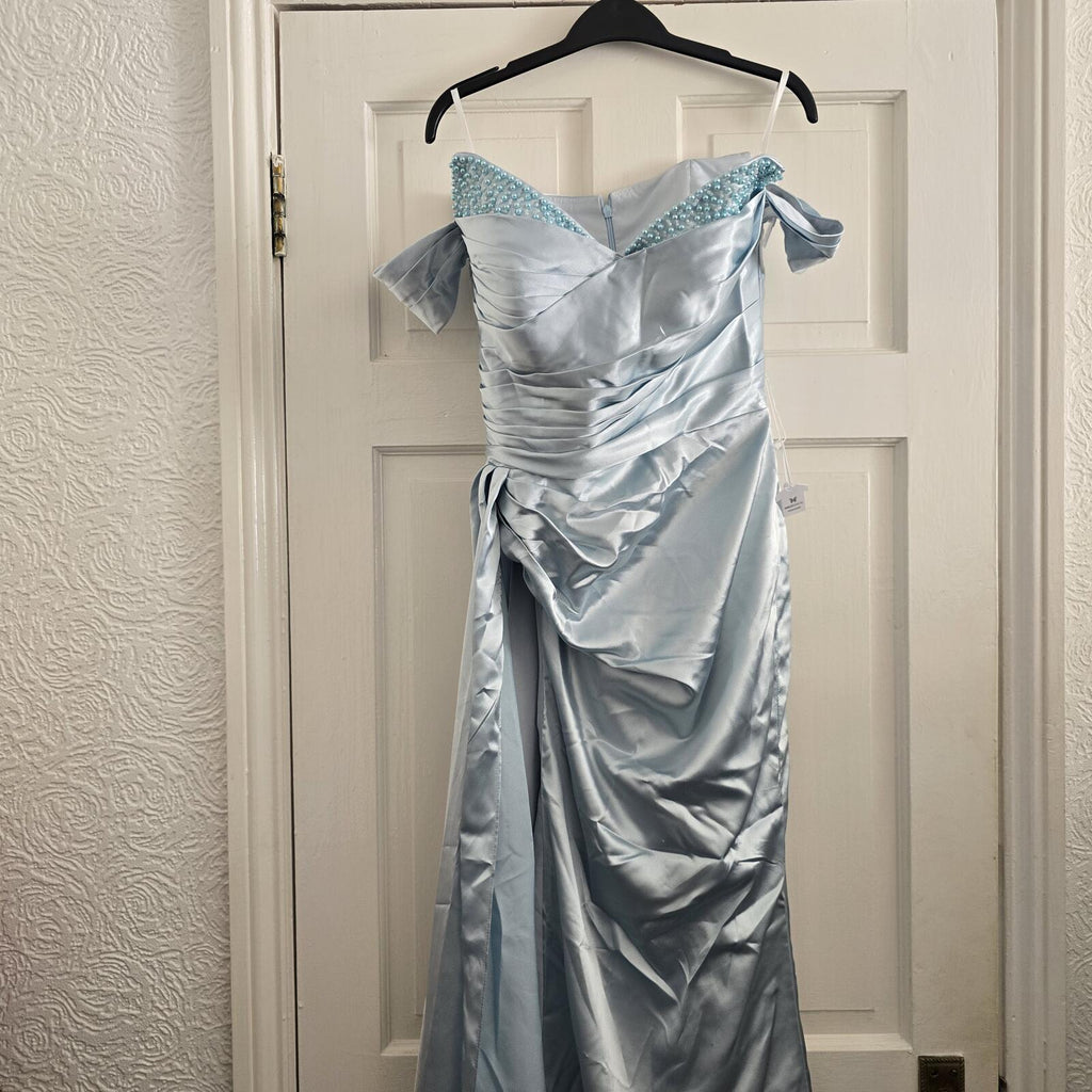 Elegant Light Blue Satin Off-Shoulder Evening Dress with Beaded Detail BNWT Prom