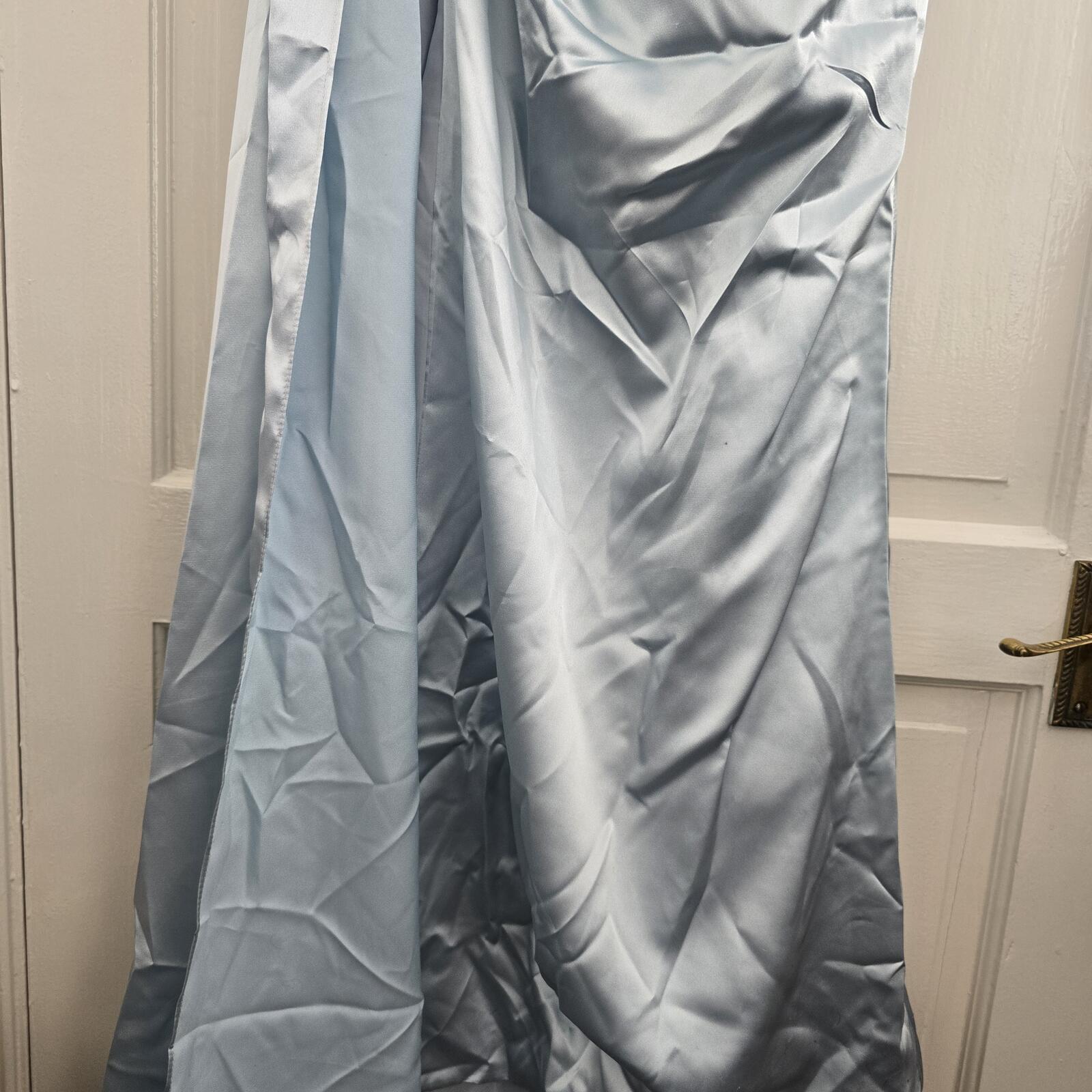 Elegant Light Blue Satin Off-Shoulder Evening Dress with Beaded Detail BNWT Prom