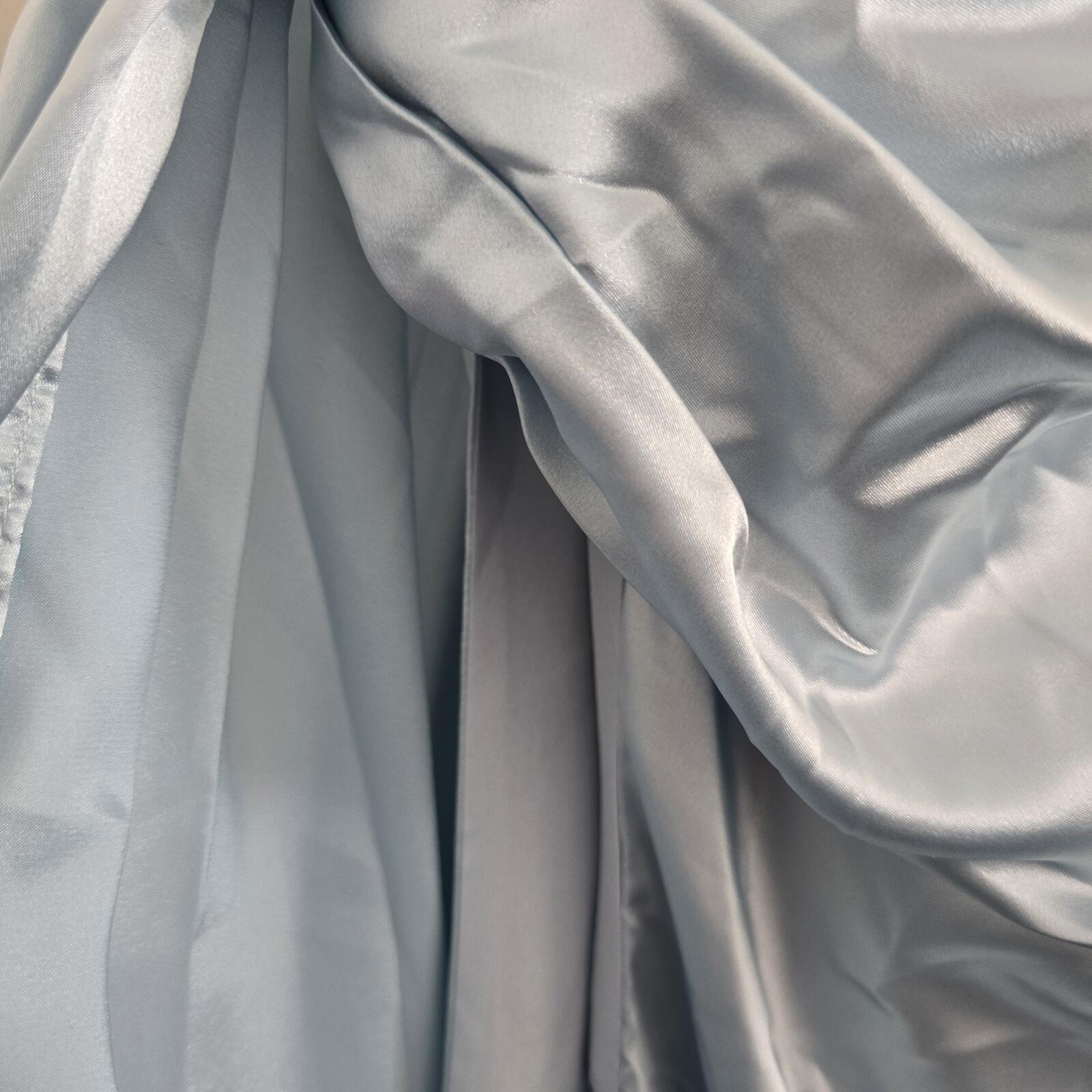 Elegant Light Blue Satin Off-Shoulder Evening Dress with Beaded Detail BNWT Prom