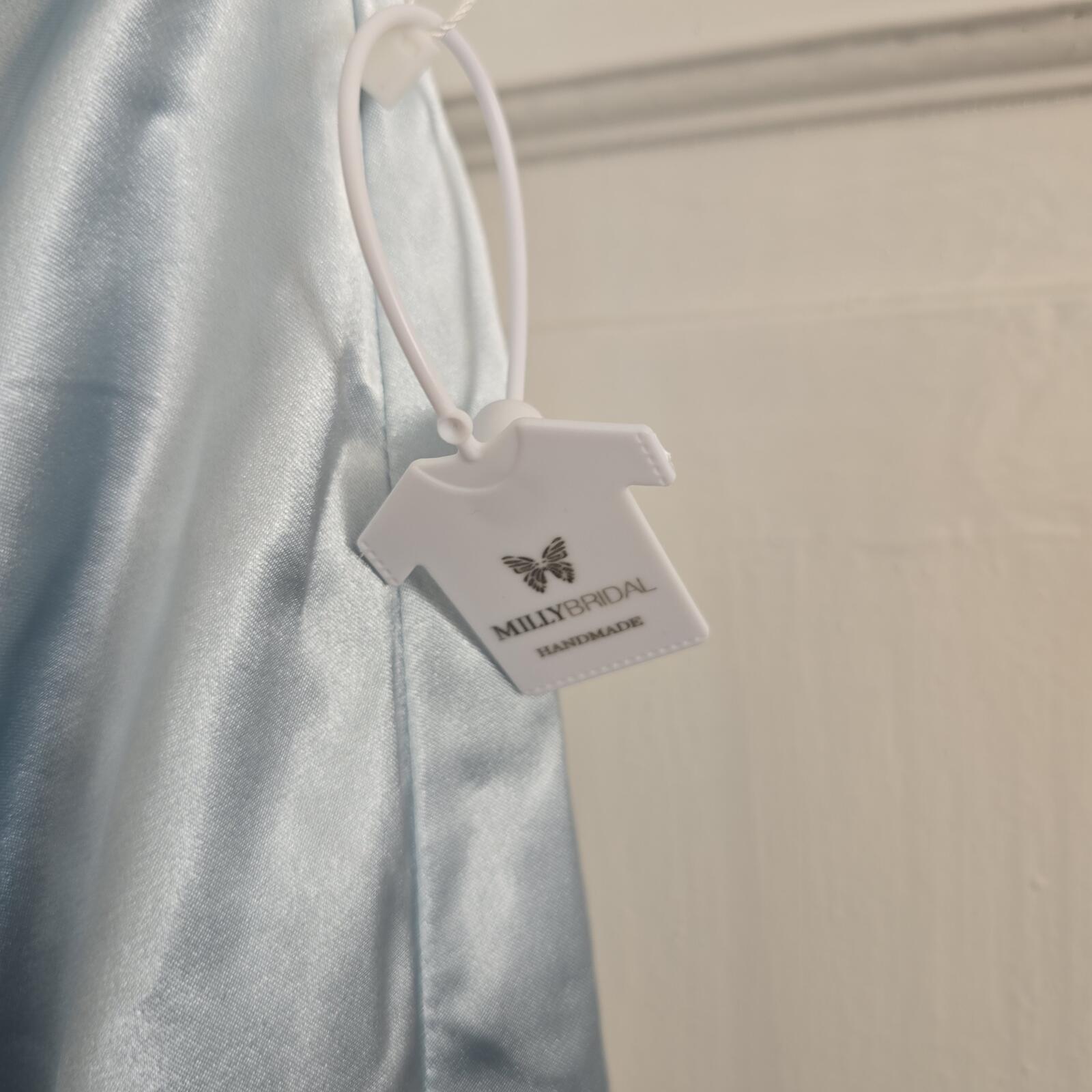 Elegant Light Blue Satin Off-Shoulder Evening Dress with Beaded Detail BNWT Prom
