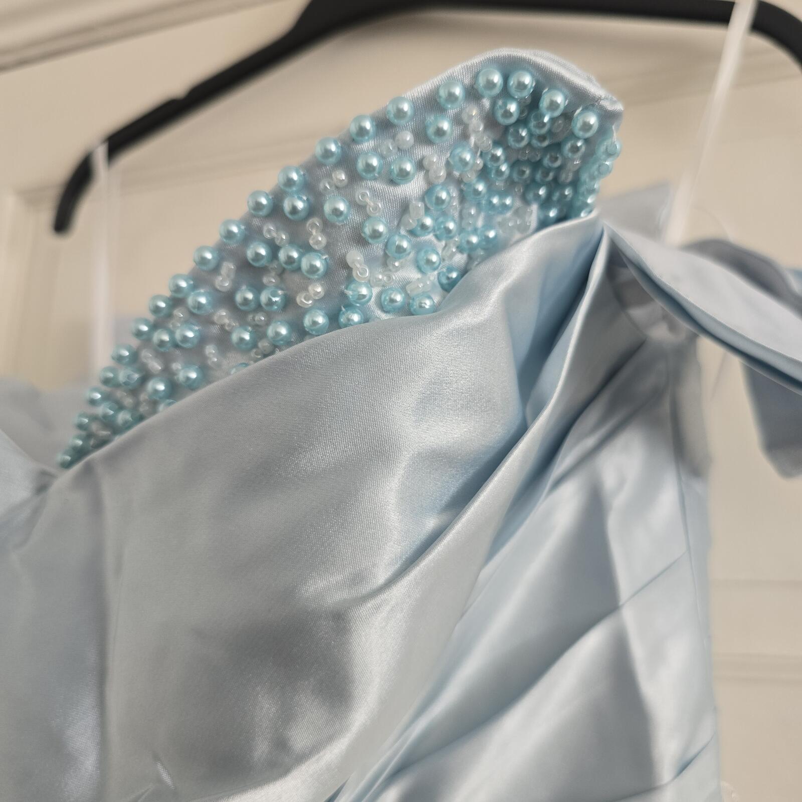 Elegant Light Blue Satin Off-Shoulder Evening Dress with Beaded Detail BNWT Prom