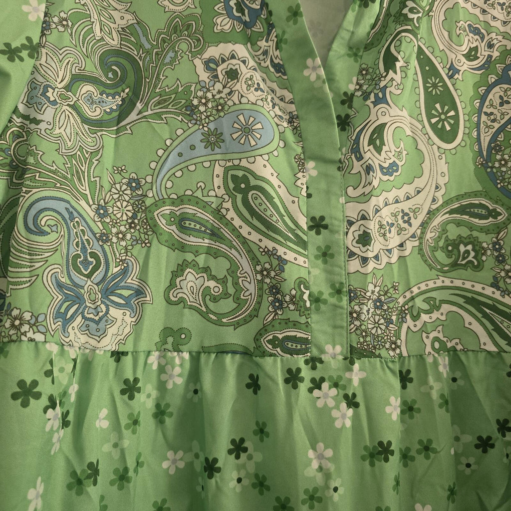 Green Paisley and Floral Print Long Sleeve Boho Paisley Dress, size L, summer