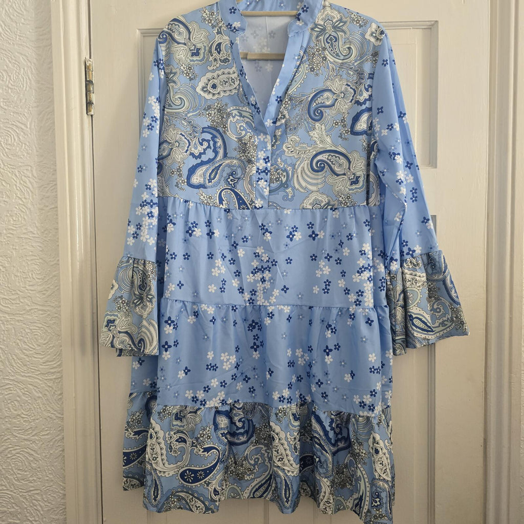Blue Paisley & Floral Tiered Boho Long Sleeve Smock Mini Dress, size L
