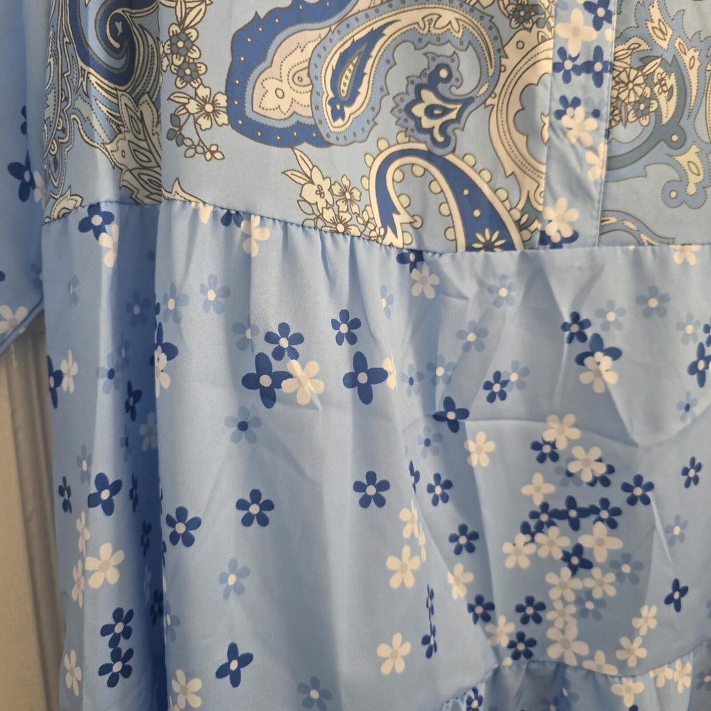 Blue Paisley & Floral Tiered Boho Long Sleeve Smock Mini Dress, size L