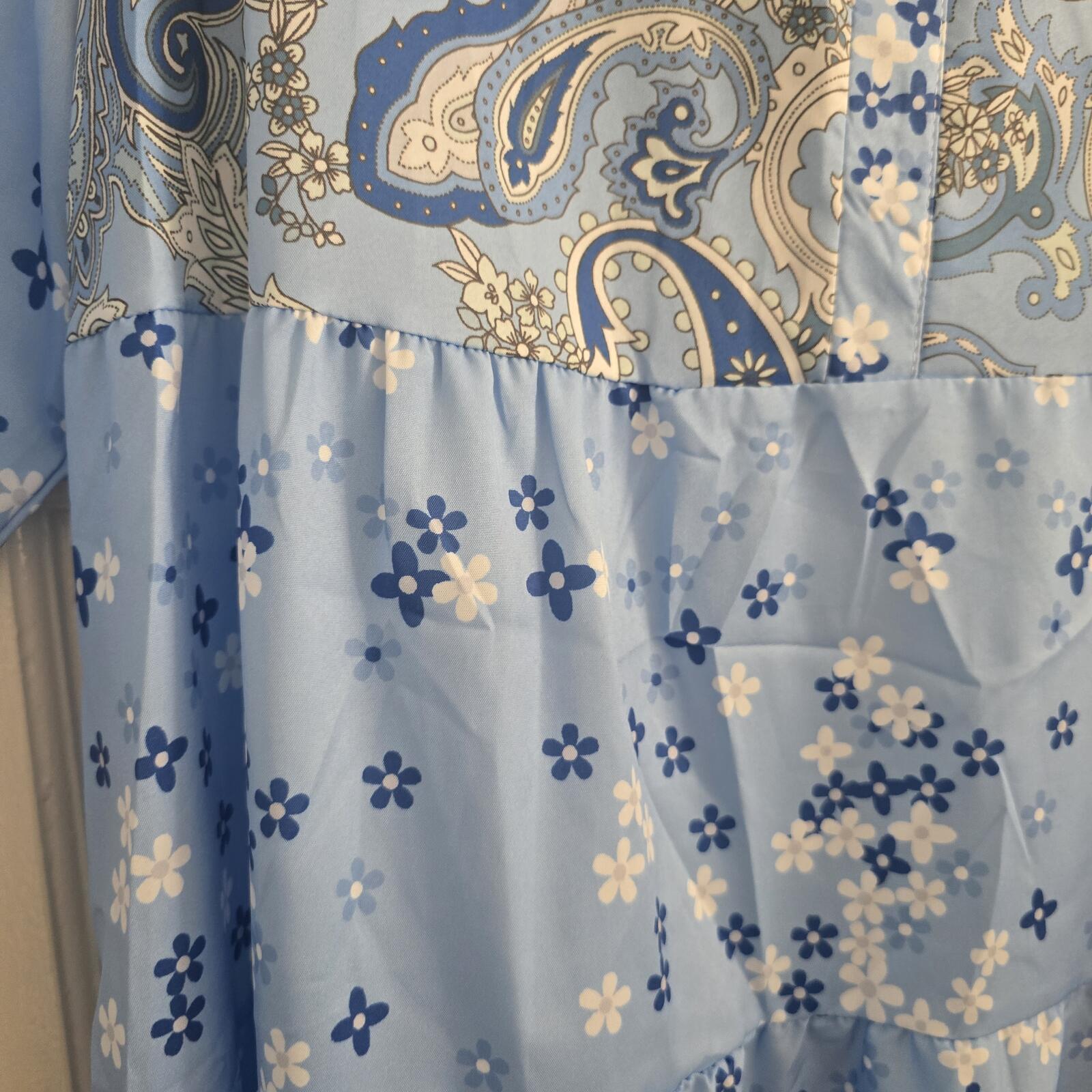 Blue Paisley & Floral Tiered Boho Long Sleeve Smock Mini Dress, size L