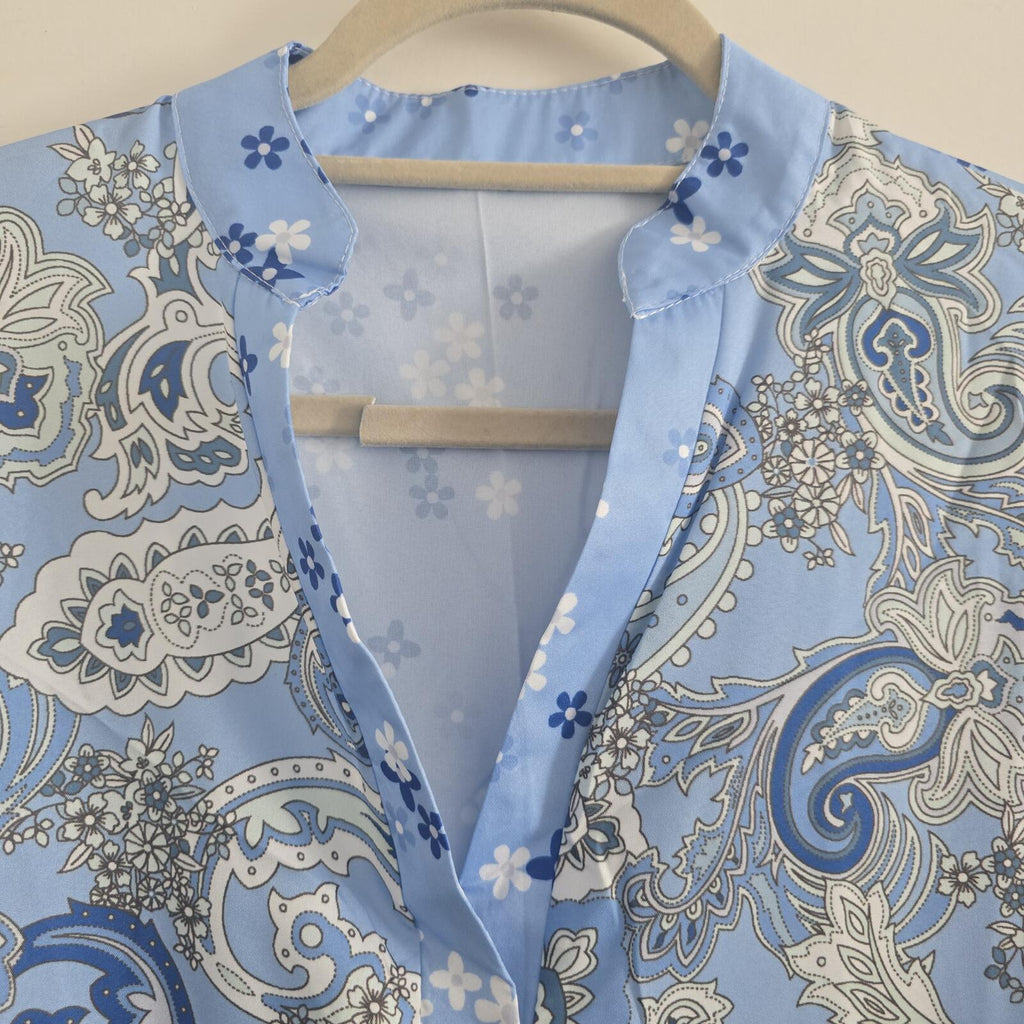 Blue Paisley & Floral Tiered Boho Long Sleeve Smock Mini Dress, size L