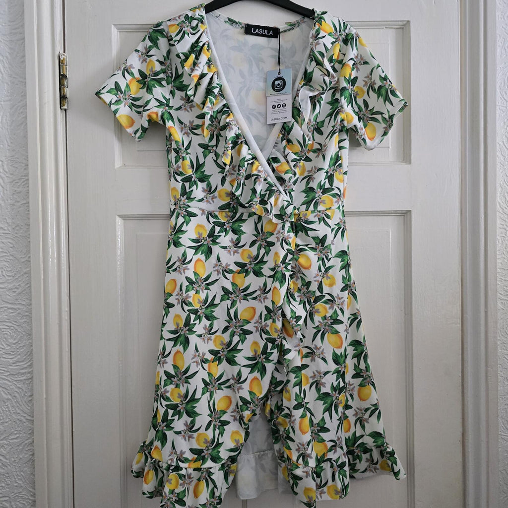 BNWT Lasula Boutique lemon print wrap and Ruffle mini dress, size 10
