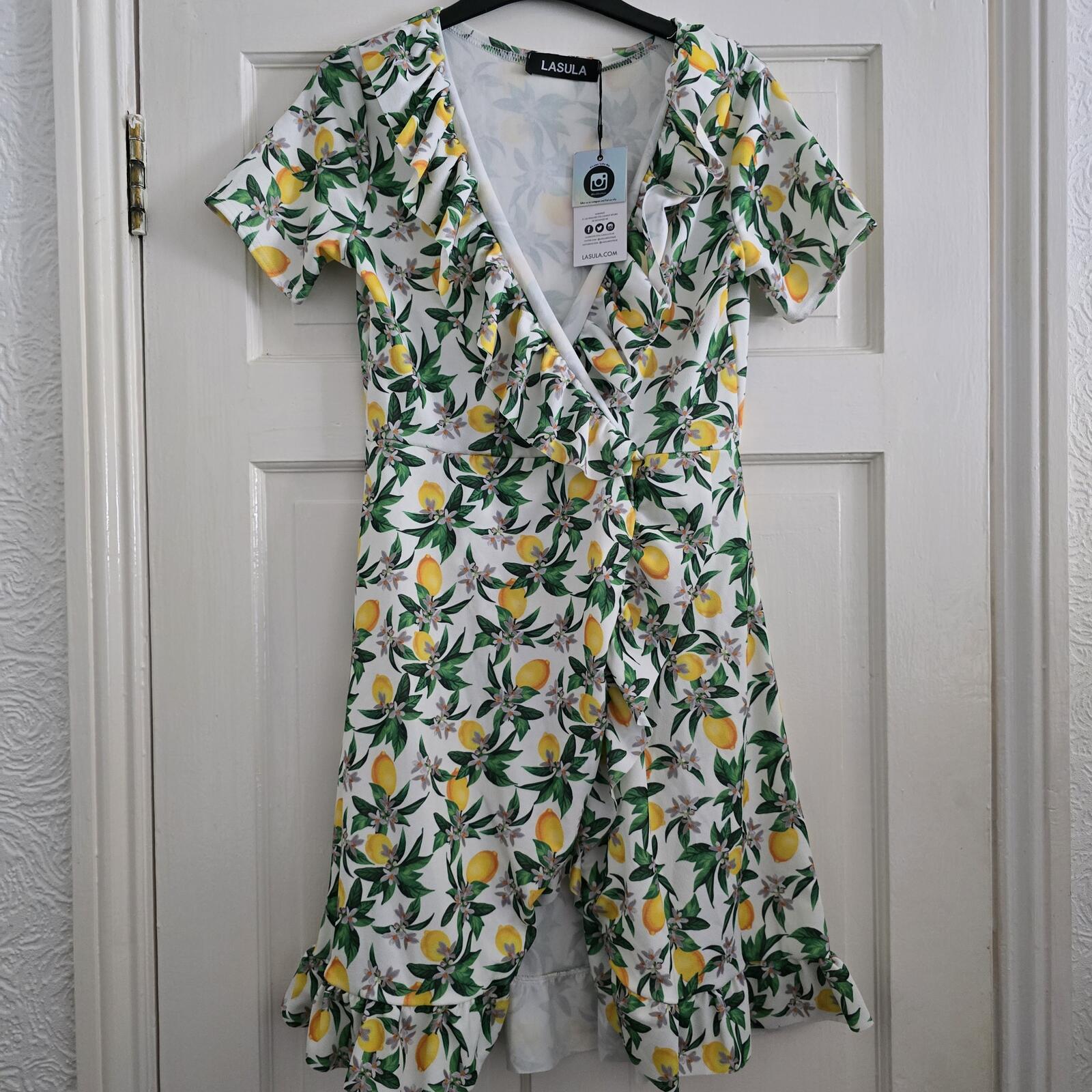 BNWT Lasula Boutique lemon print wrap and Ruffle mini dress, size 10