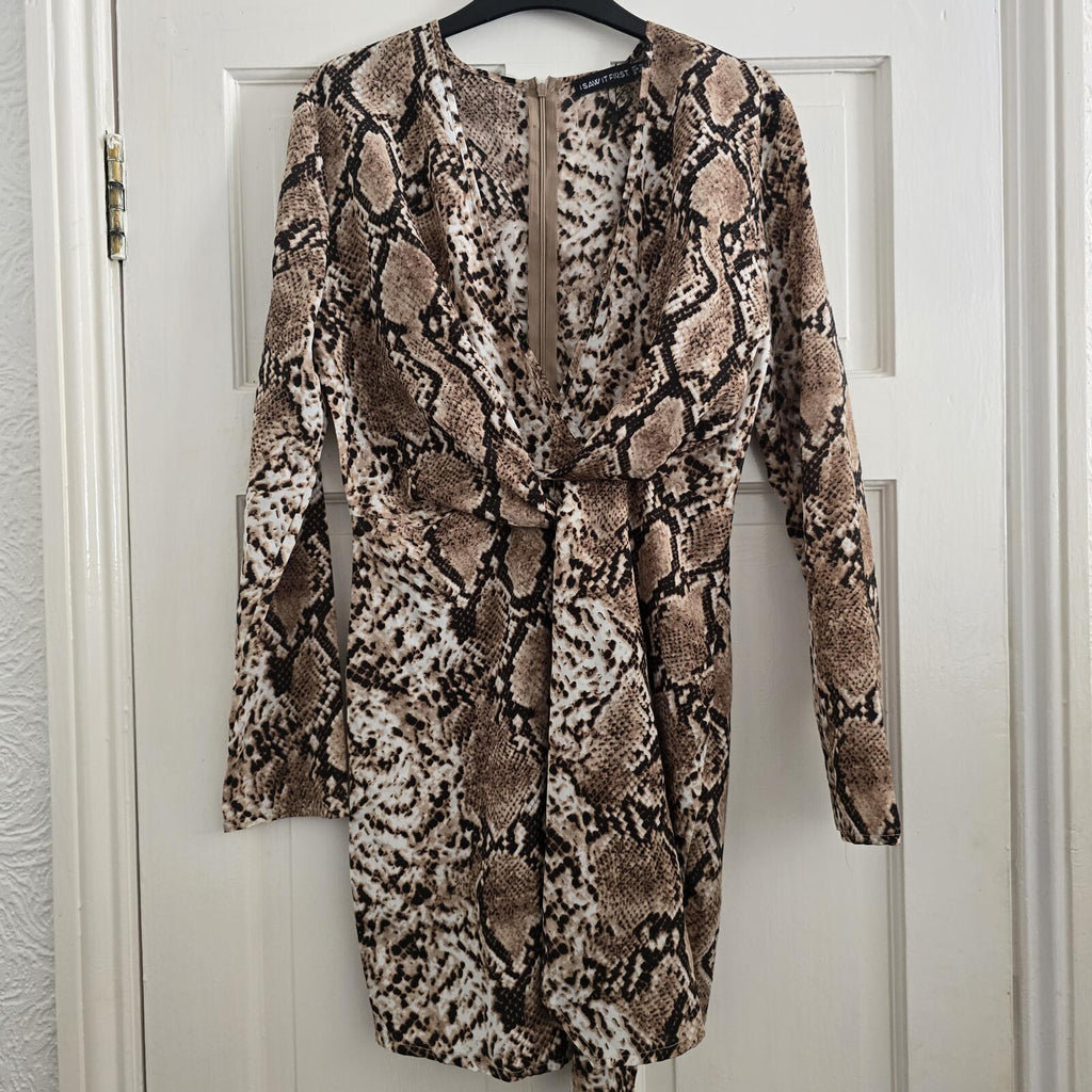 I Saw It First Long sleeve faux wrap animal print mini dress, size 10