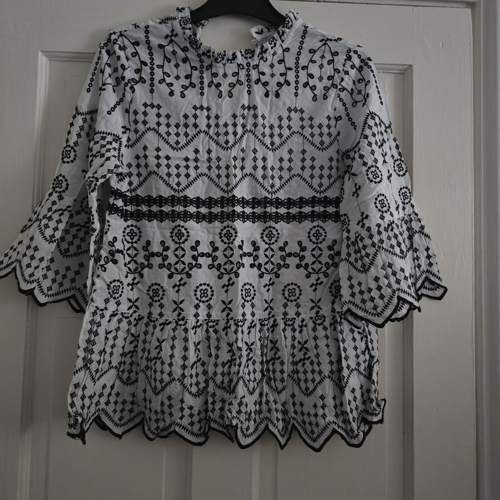 White and Black Embroidered Cotton Blouse with Scalloped Edges, River Island, 10