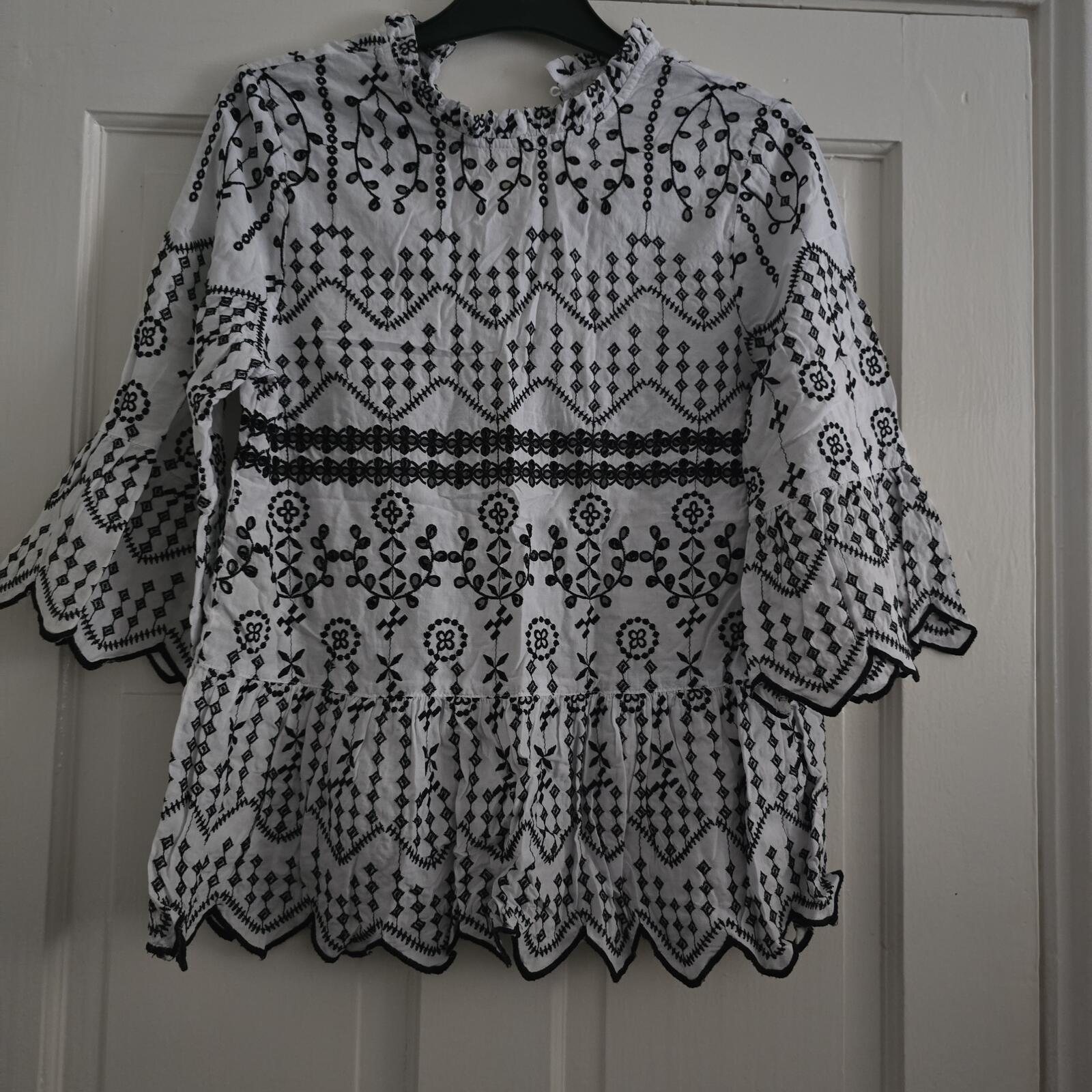 White and Black Embroidered Cotton Blouse with Scalloped Edges, River Island, 10