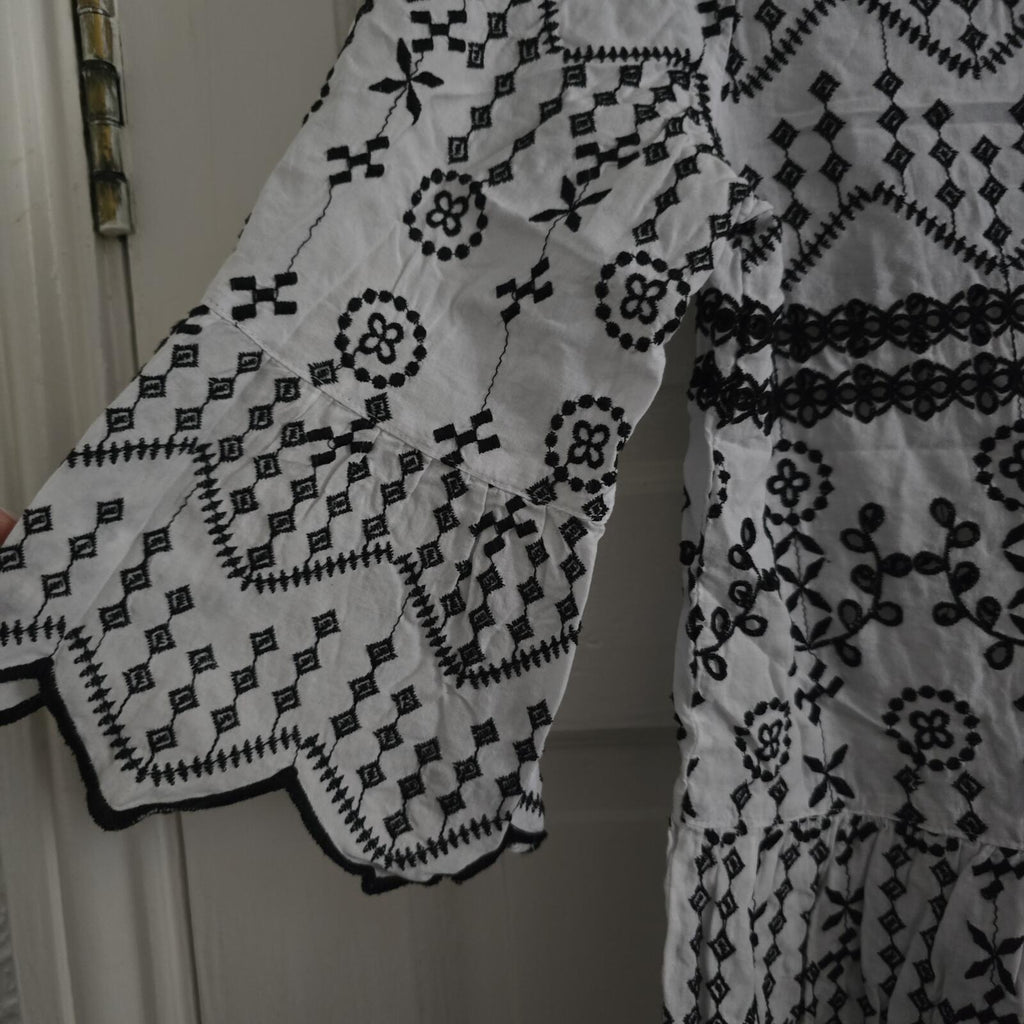 White and Black Embroidered Cotton Blouse with Scalloped Edges, River Island, 10